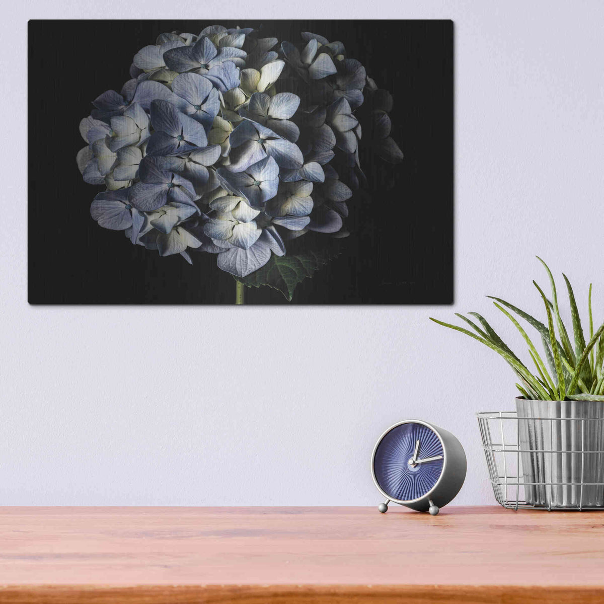 Luxe Metal Art 'Pale Blue Hydrangea' by Elise Catterall, Metal Wall Art,16x12