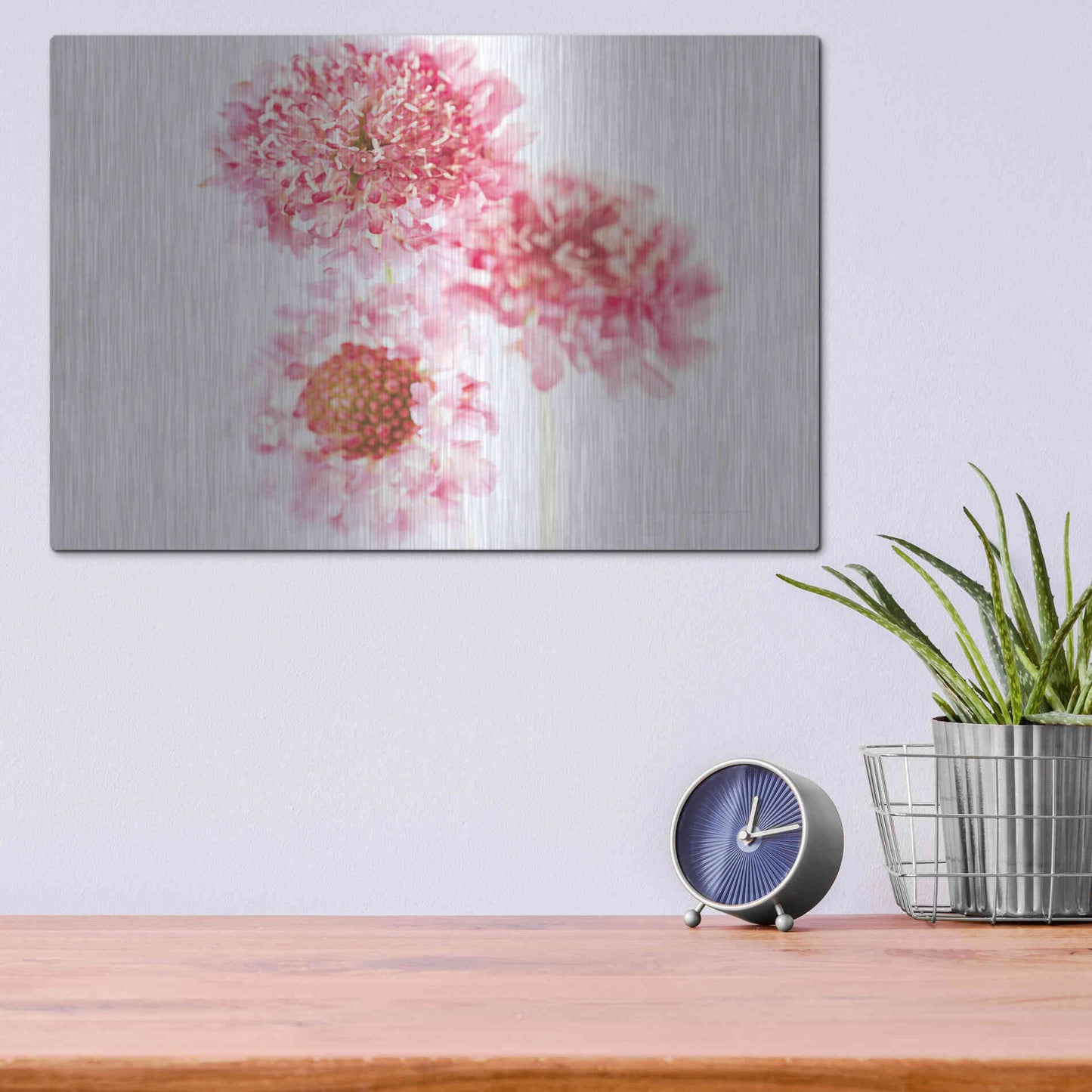 Luxe Metal Art 'Pink Scabiosa Trio' by Elise Catterall, Metal Wall Art,16x12