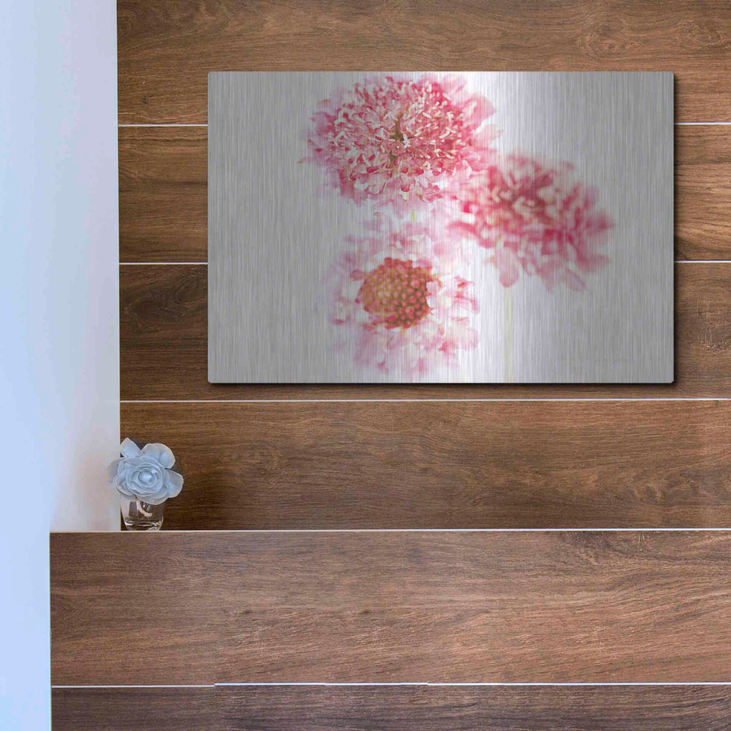 Luxe Metal Art 'Pink Scabiosa Trio' by Elise Catterall, Metal Wall Art,16x12