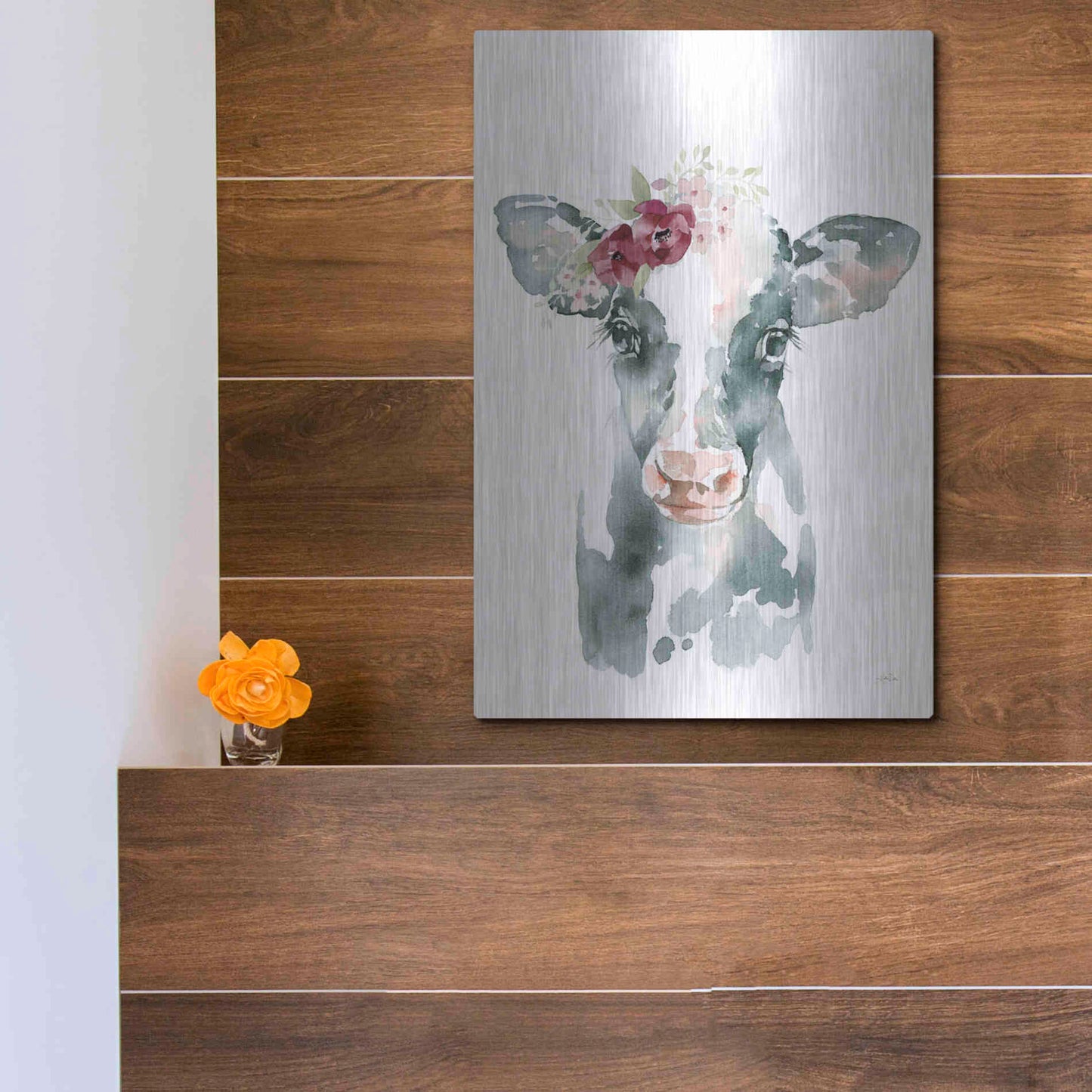 Luxe Metal Art 'Floral Cow' by Katrina Pete, Metal Wall Art,12x16