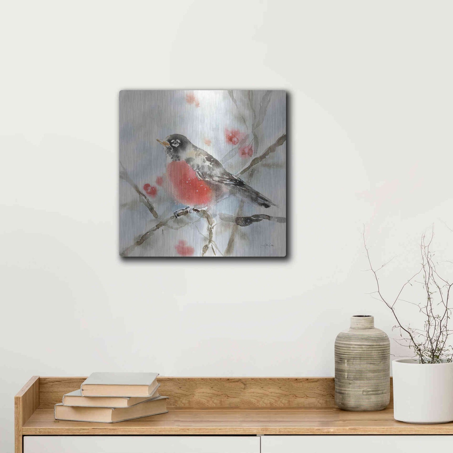 Luxe Metal Art 'Winter Robin' by Katrina Pete, Metal Wall Art,12x12