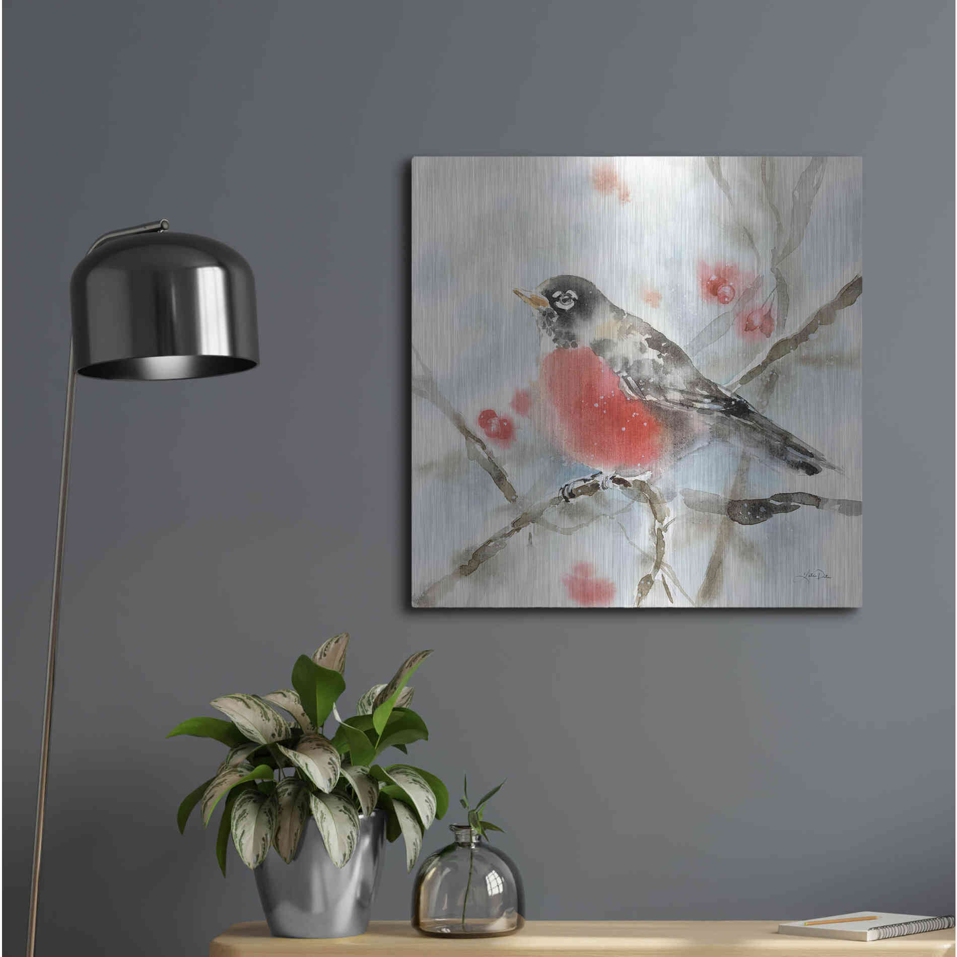 Luxe Metal Art 'Winter Robin' by Katrina Pete, Metal Wall Art,24x24