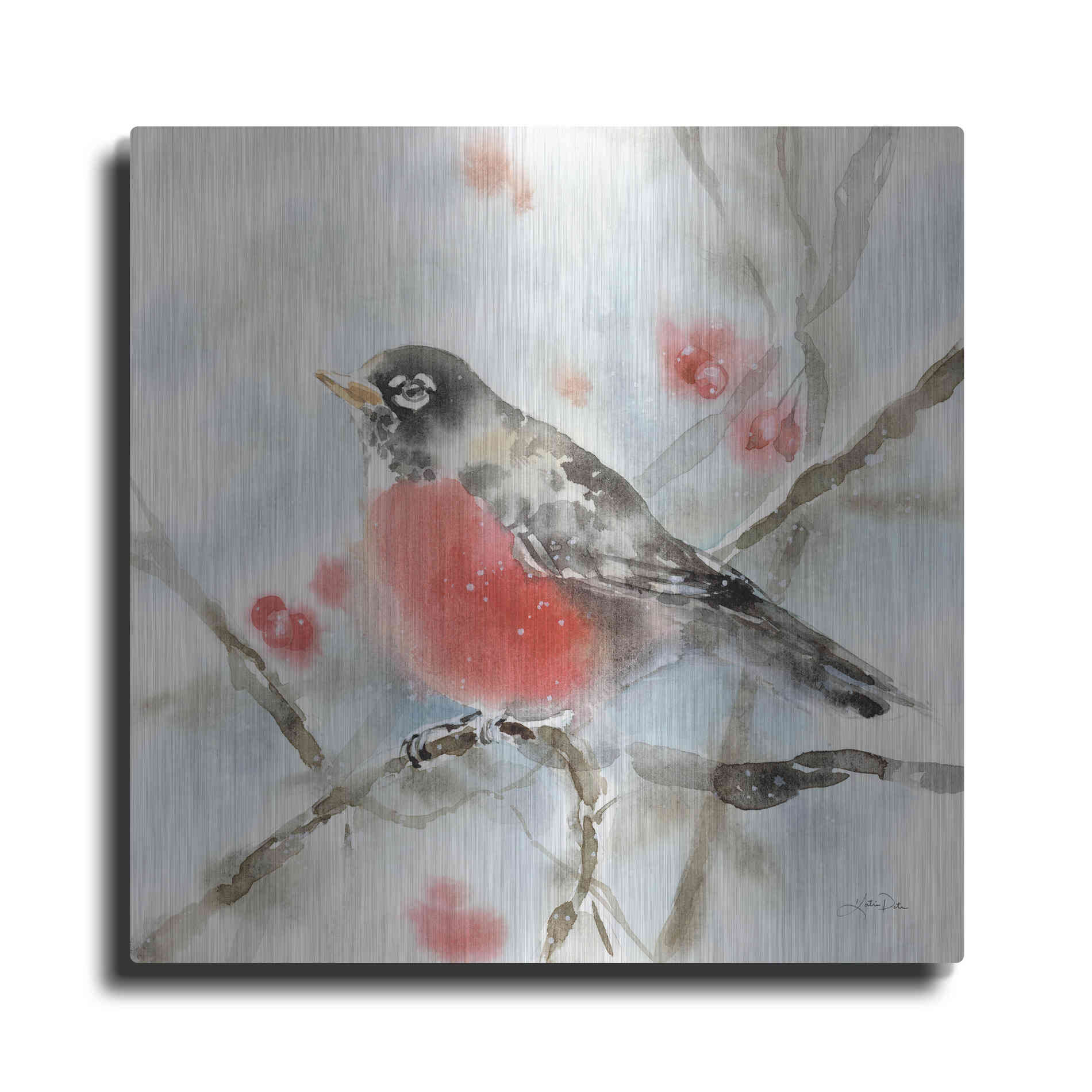 Luxe Metal Art 'Winter Robin' by Katrina Pete, Metal Wall Art