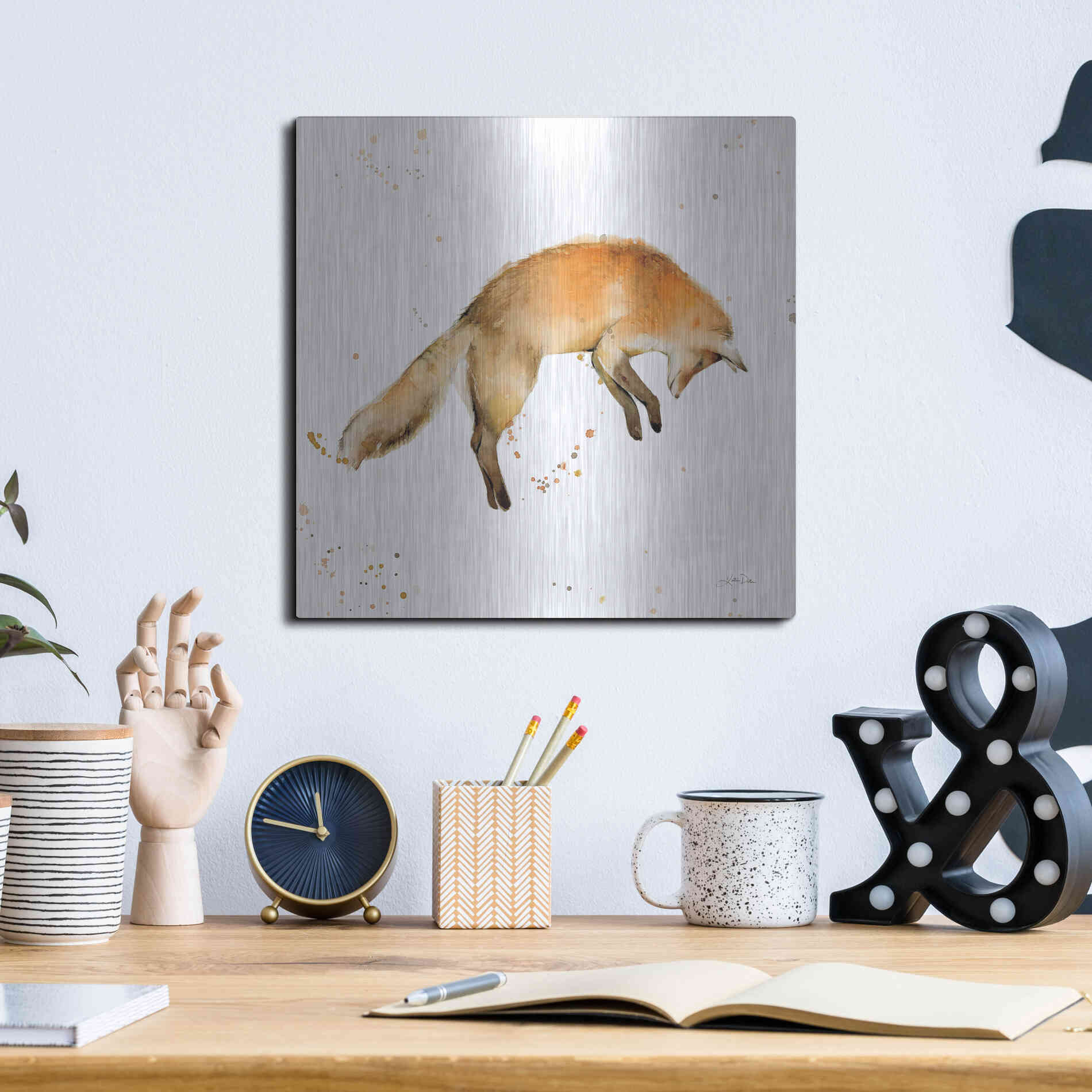 Luxe Metal Art 'Jumping Fox' by Katrina Pete, Metal Wall Art,12x12