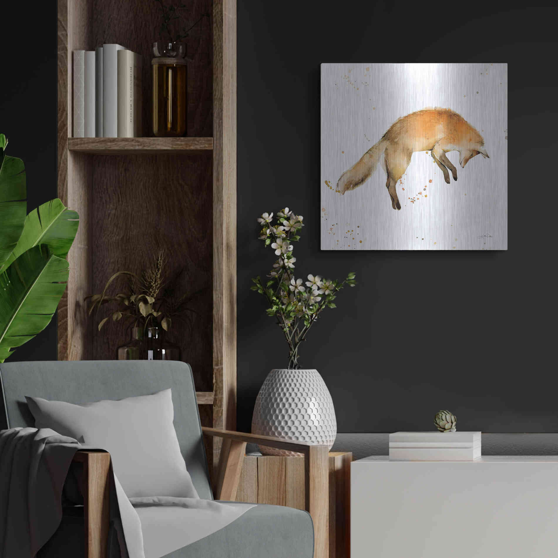 Luxe Metal Art 'Jumping Fox' by Katrina Pete, Metal Wall Art,24x24