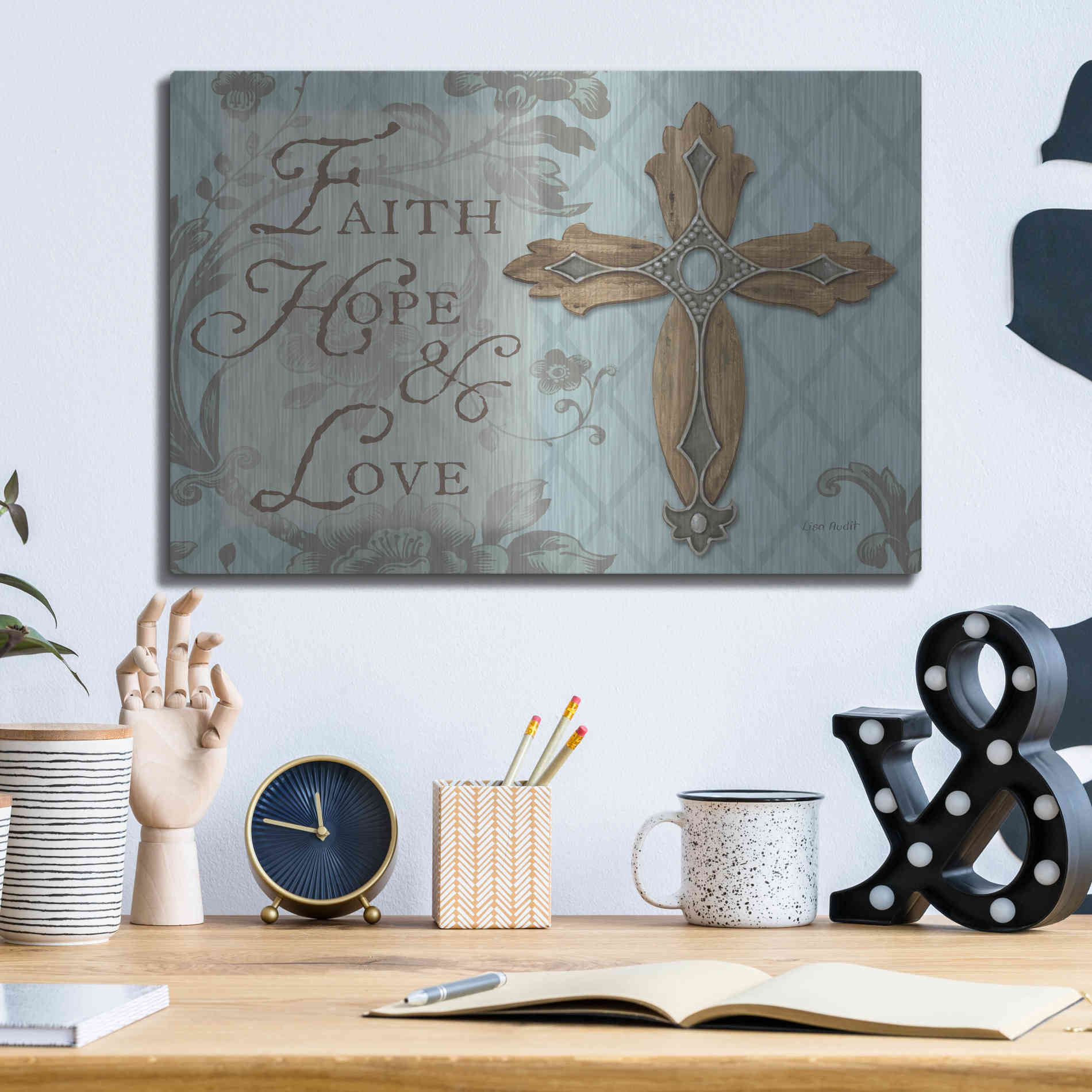 Luxe Metal Art 'Faith Hope Love' by Lisa Audit, Metal Wall Art,,16x12