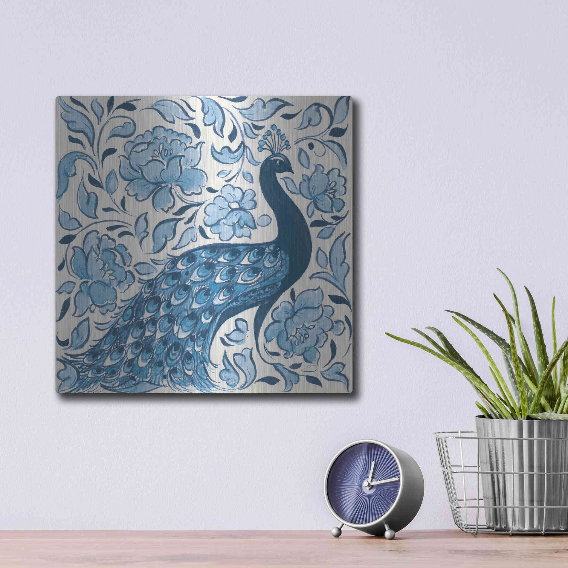 Luxe Metal Art 'Peacock Garden IV v2' by Miranda Thomas, Metal Wall Art,12x12