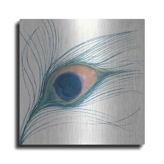 Luxe Metal Art 'Peacock Feather I Blue' by Miranda Thomas, Metal Wall Art