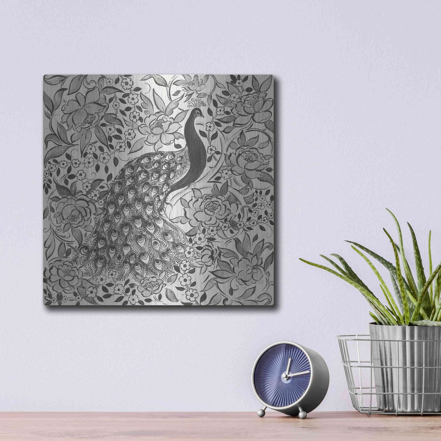 Luxe Metal Art 'Peacock Garden III BW' by Miranda Thomas, Metal Wall Art,12x12