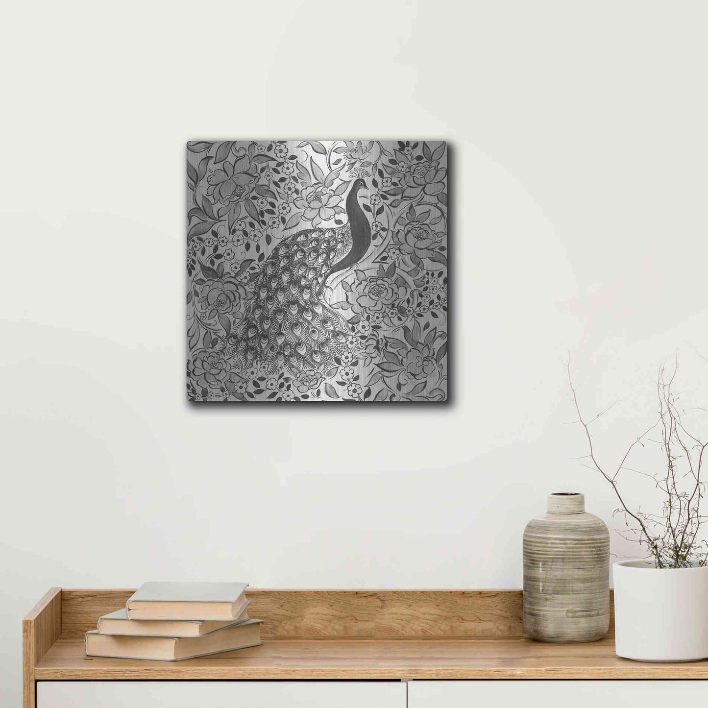 Luxe Metal Art 'Peacock Garden III BW' by Miranda Thomas, Metal Wall Art,12x12