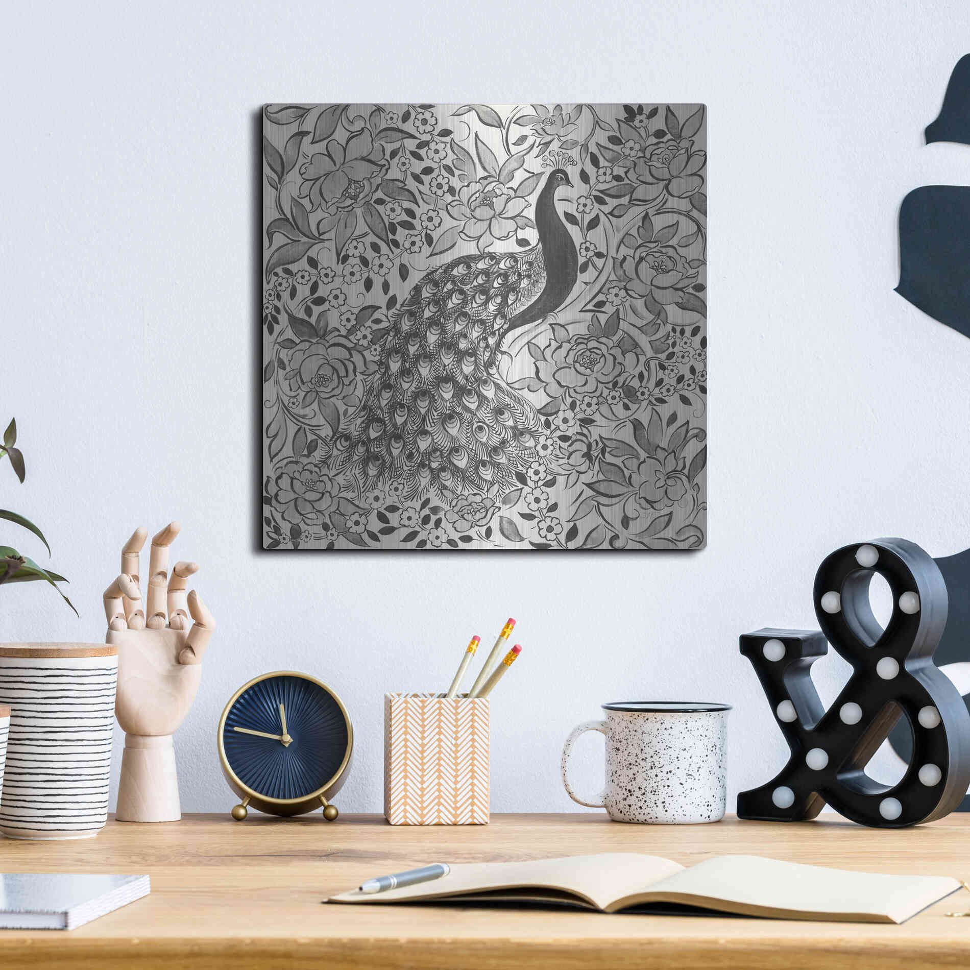 Luxe Metal Art 'Peacock Garden III BW' by Miranda Thomas, Metal Wall Art,12x12