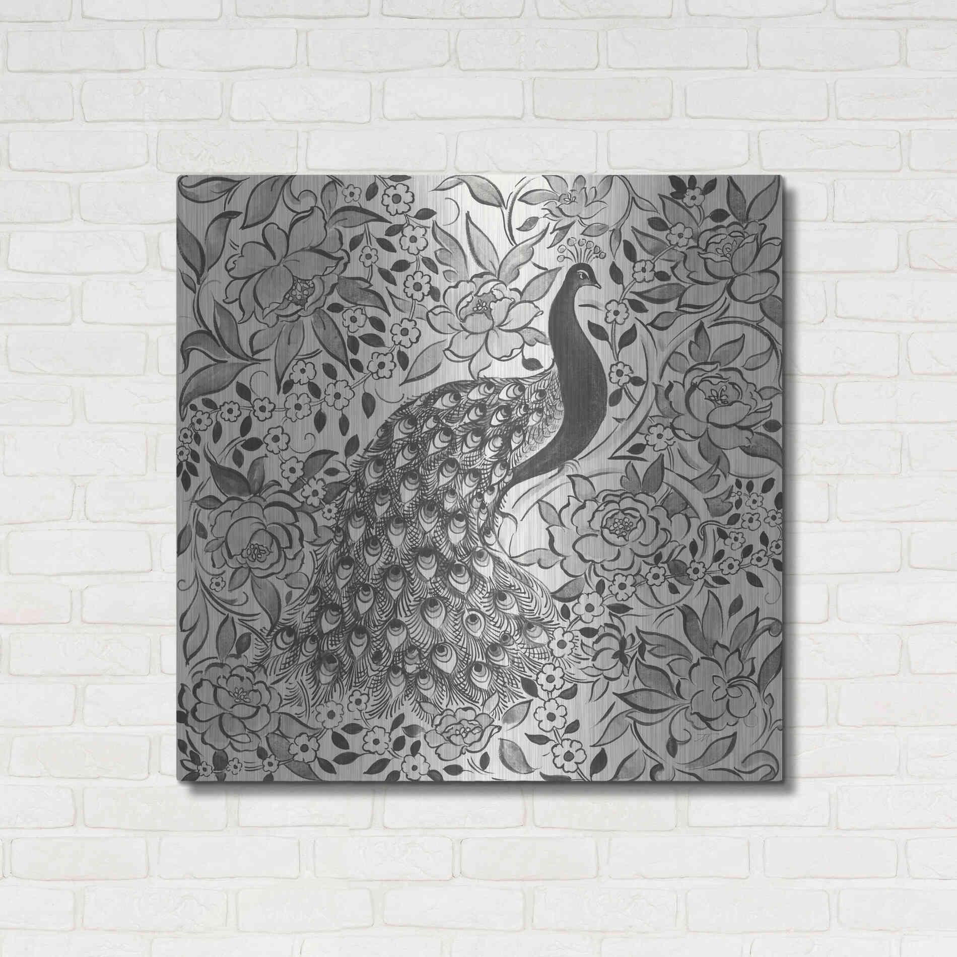 Luxe Metal Art 'Peacock Garden III BW' by Miranda Thomas, Metal Wall Art,36x36