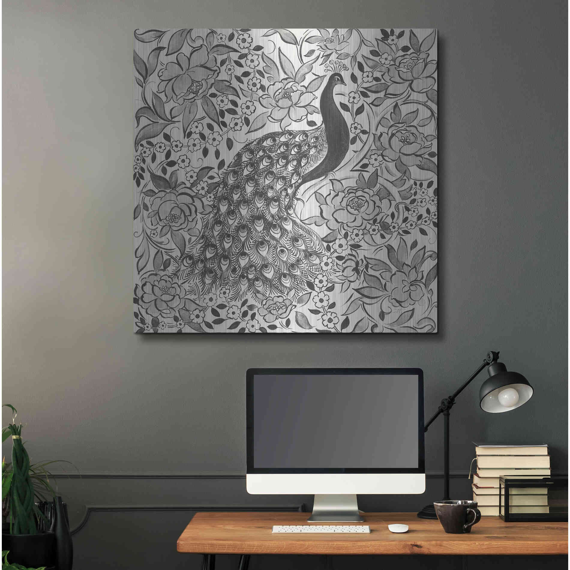 Luxe Metal Art 'Peacock Garden III BW' by Miranda Thomas, Metal Wall Art,36x36