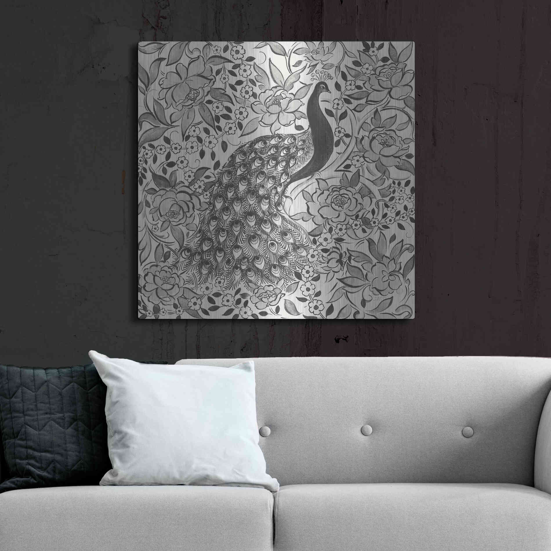 Luxe Metal Art 'Peacock Garden III BW' by Miranda Thomas, Metal Wall Art,36x36