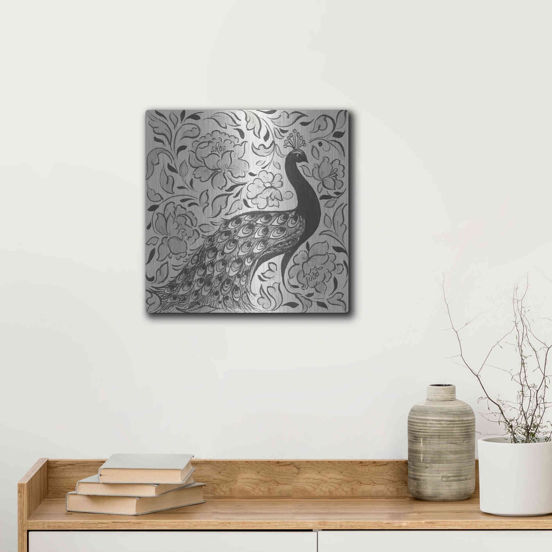 Luxe Metal Art 'Peacock Garden IV BW' by Miranda Thomas, Metal Wall Art,12x12