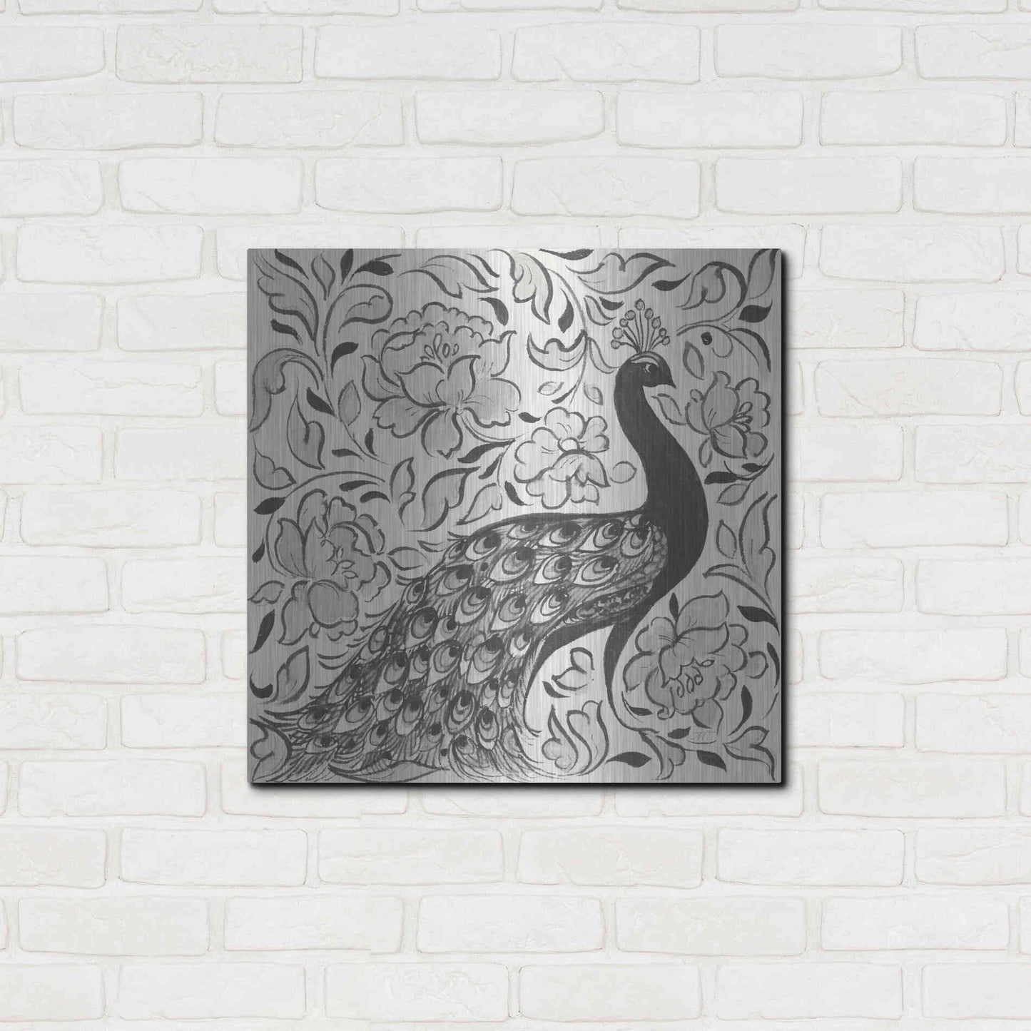 Luxe Metal Art 'Peacock Garden IV BW' by Miranda Thomas, Metal Wall Art,24x24