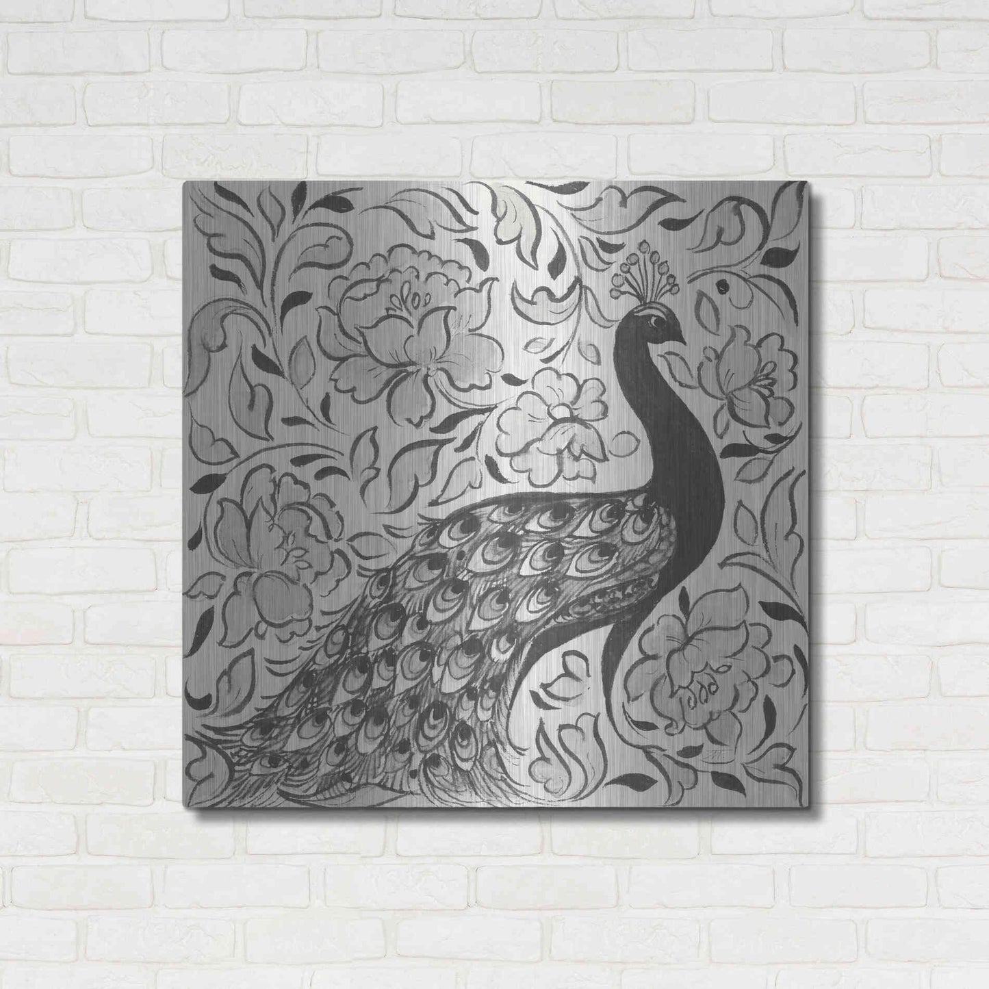 Luxe Metal Art 'Peacock Garden IV BW' by Miranda Thomas, Metal Wall Art,36x36