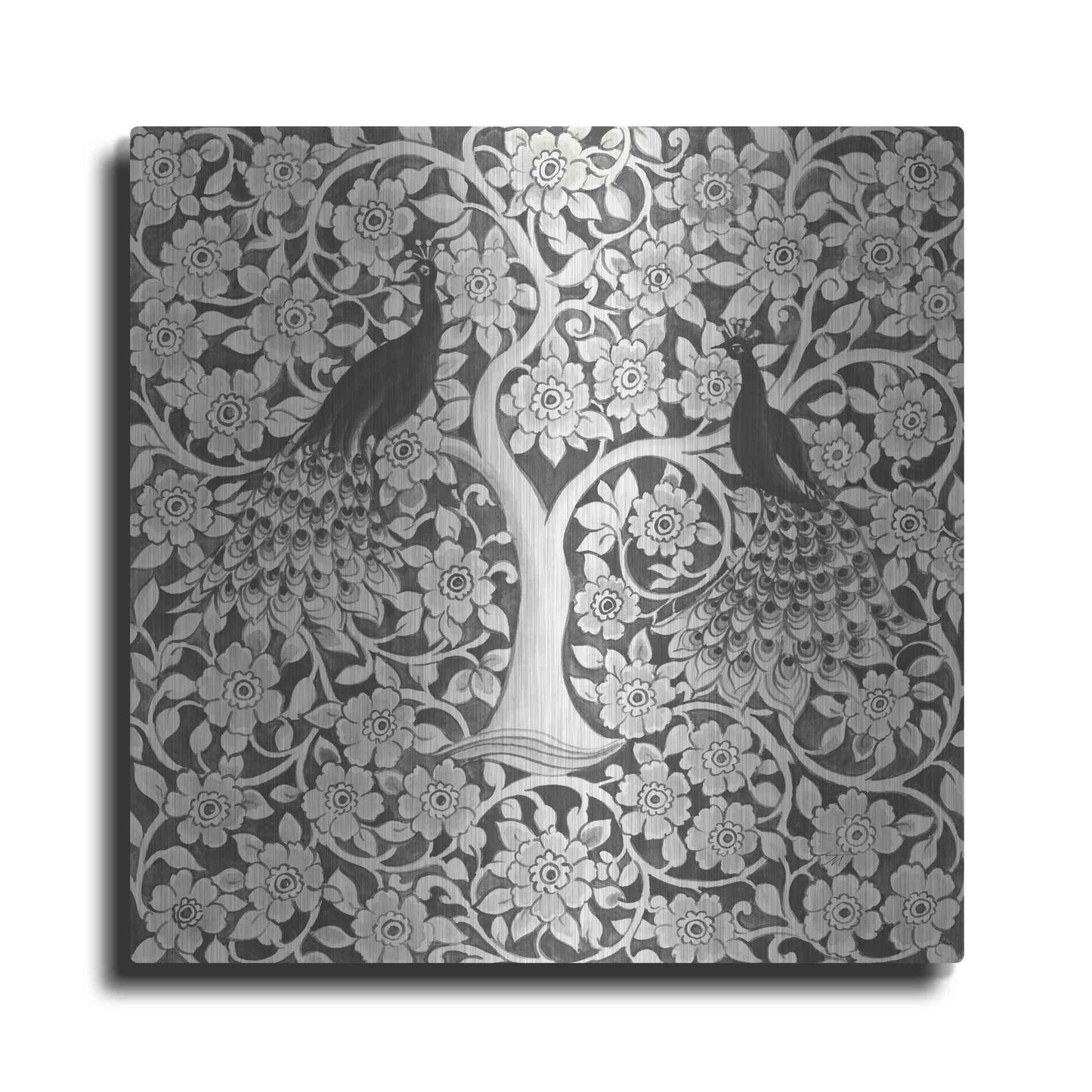 Luxe Metal Art 'Peacock Garden VII BW' by Miranda Thomas, Metal Wall Art