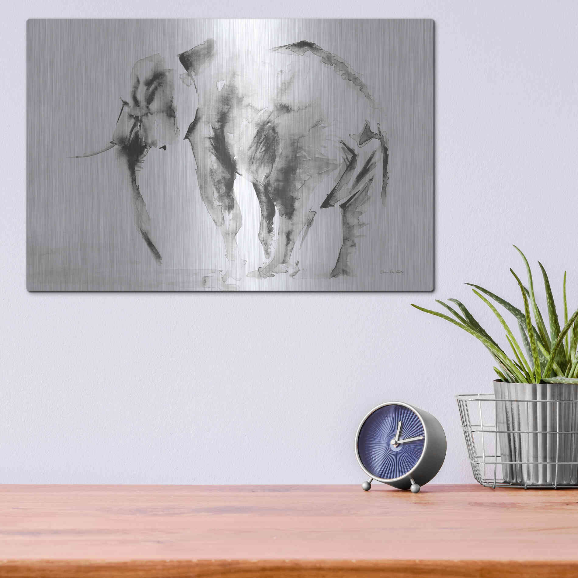 Luxe Metal Art 'Lone Elephant Gray' by Alan Majchrowicz, Metal Wall Art,16x12