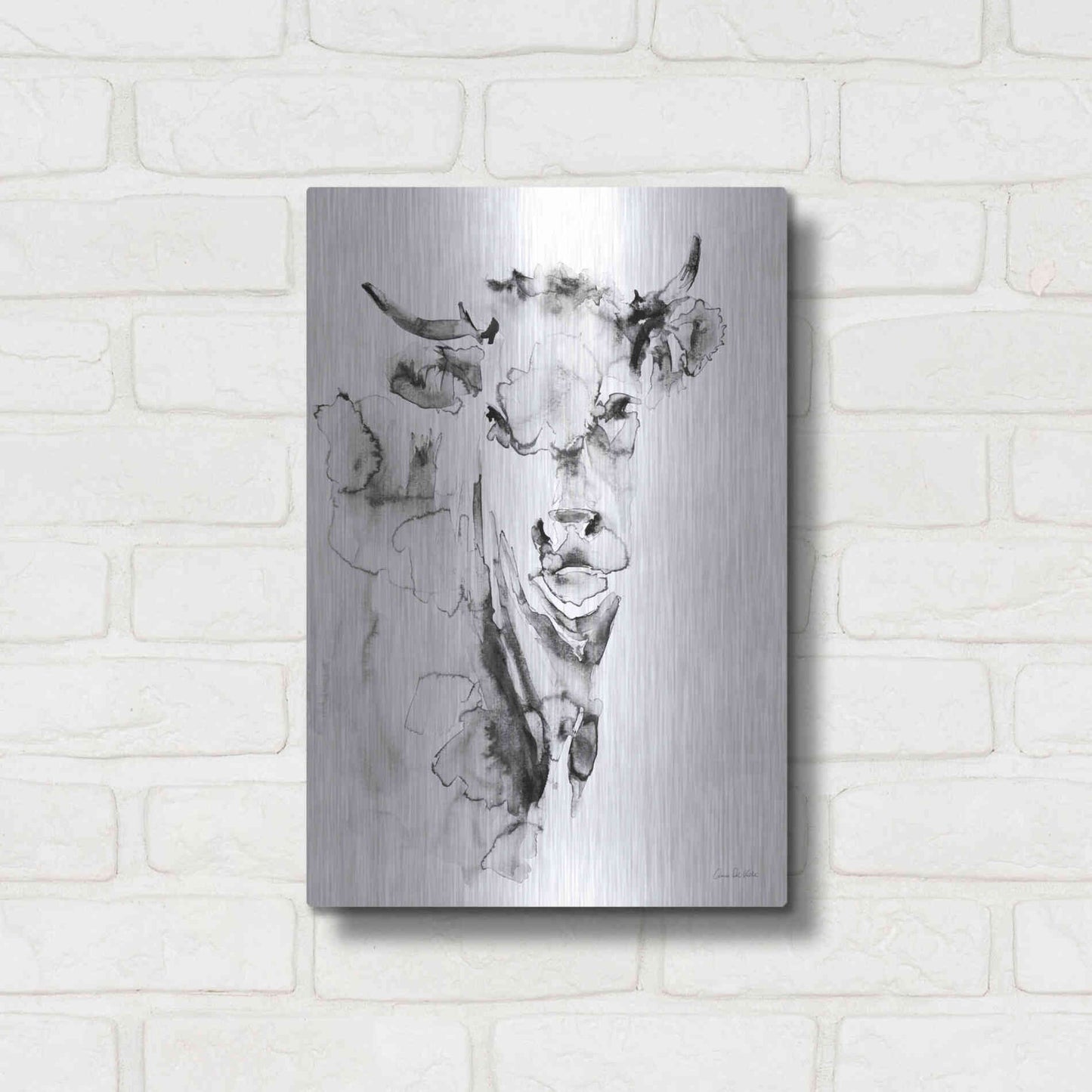 Luxe Metal Art 'Village Cow Gray' by Alan Majchrowicz, Metal Wall Art,12x16