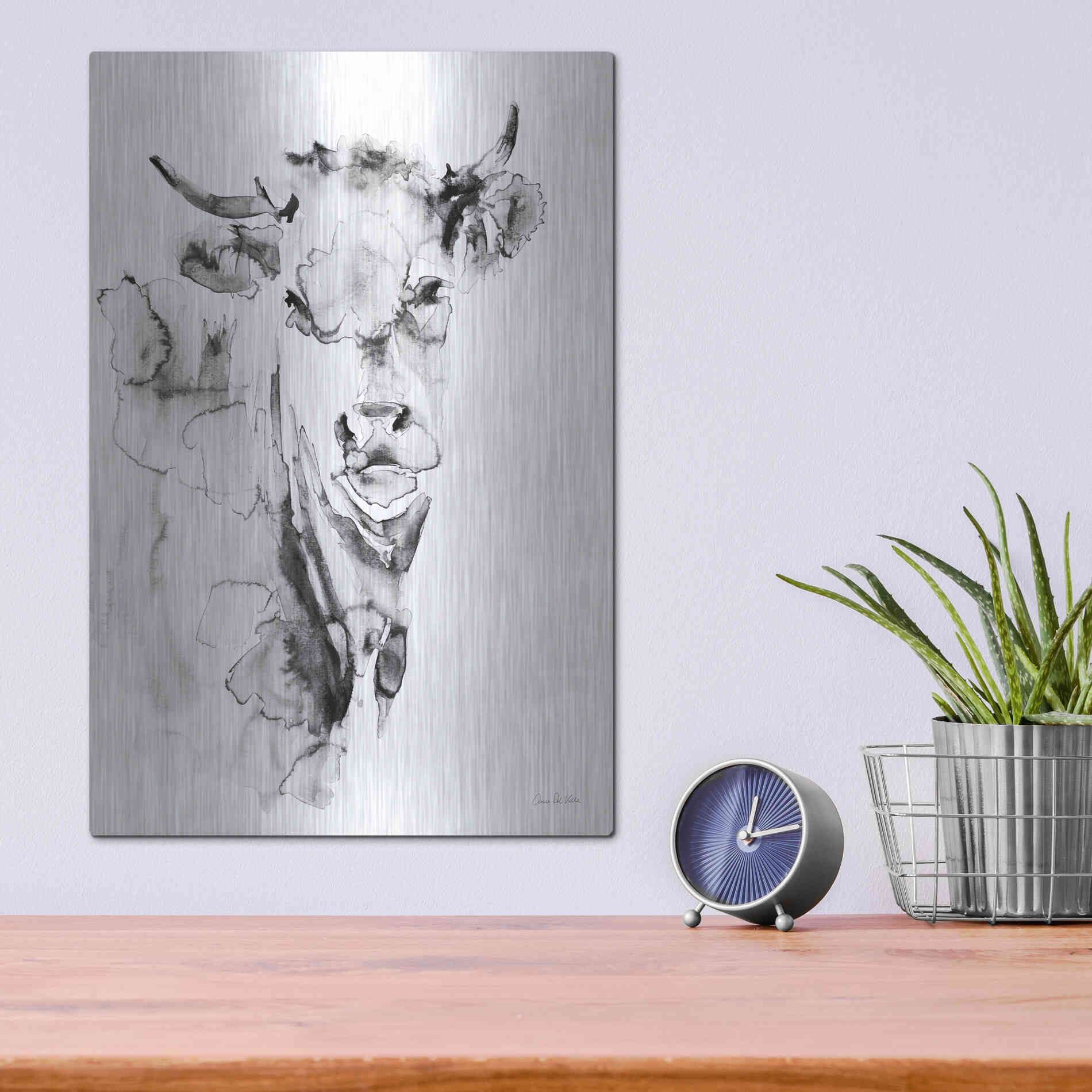 Luxe Metal Art 'Village Cow Gray' by Alan Majchrowicz, Metal Wall Art,12x16