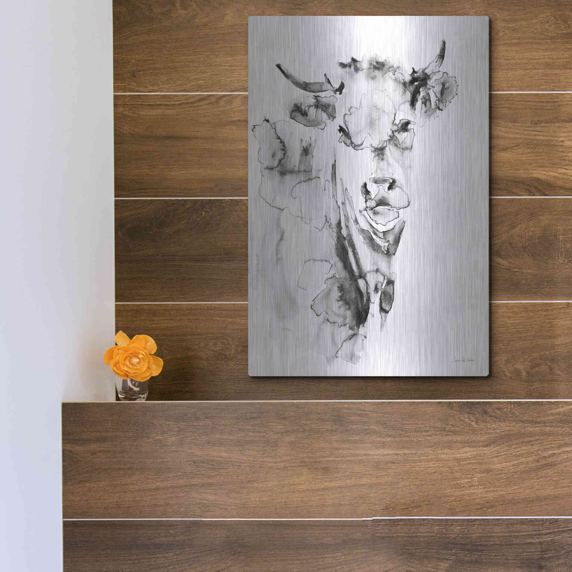 Luxe Metal Art 'Village Cow Gray' by Alan Majchrowicz, Metal Wall Art,12x16