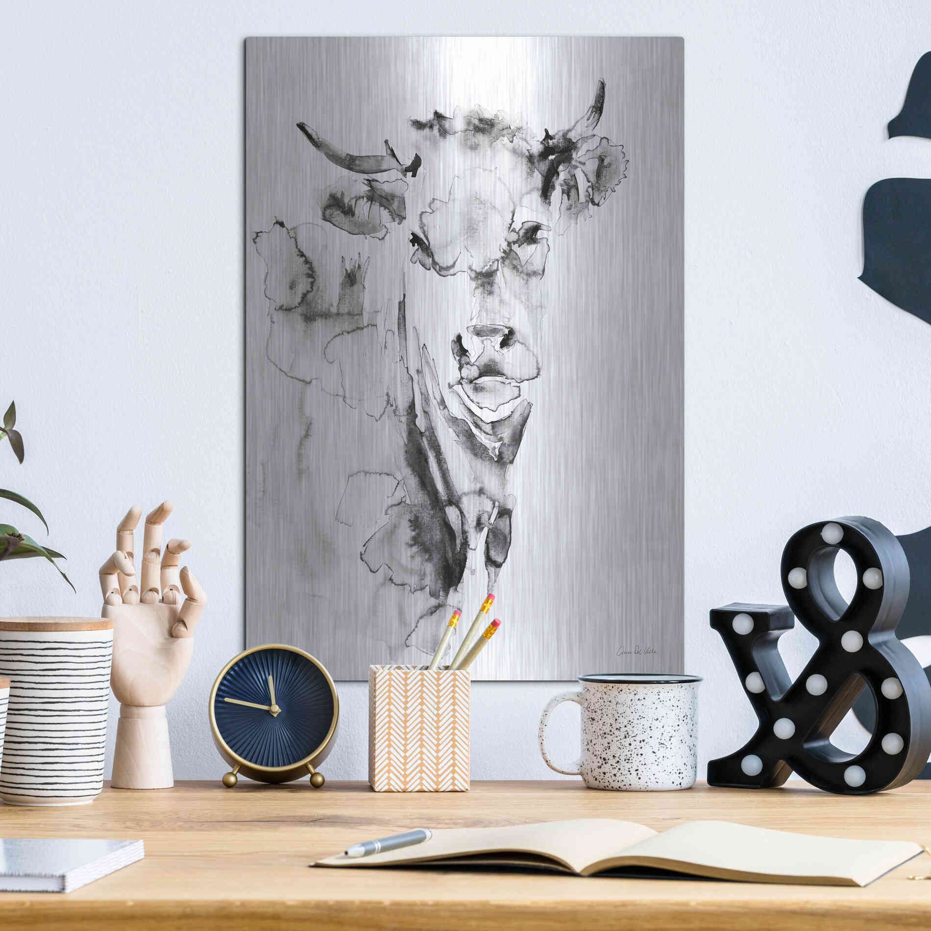 Luxe Metal Art 'Village Cow Gray' by Alan Majchrowicz, Metal Wall Art,12x16