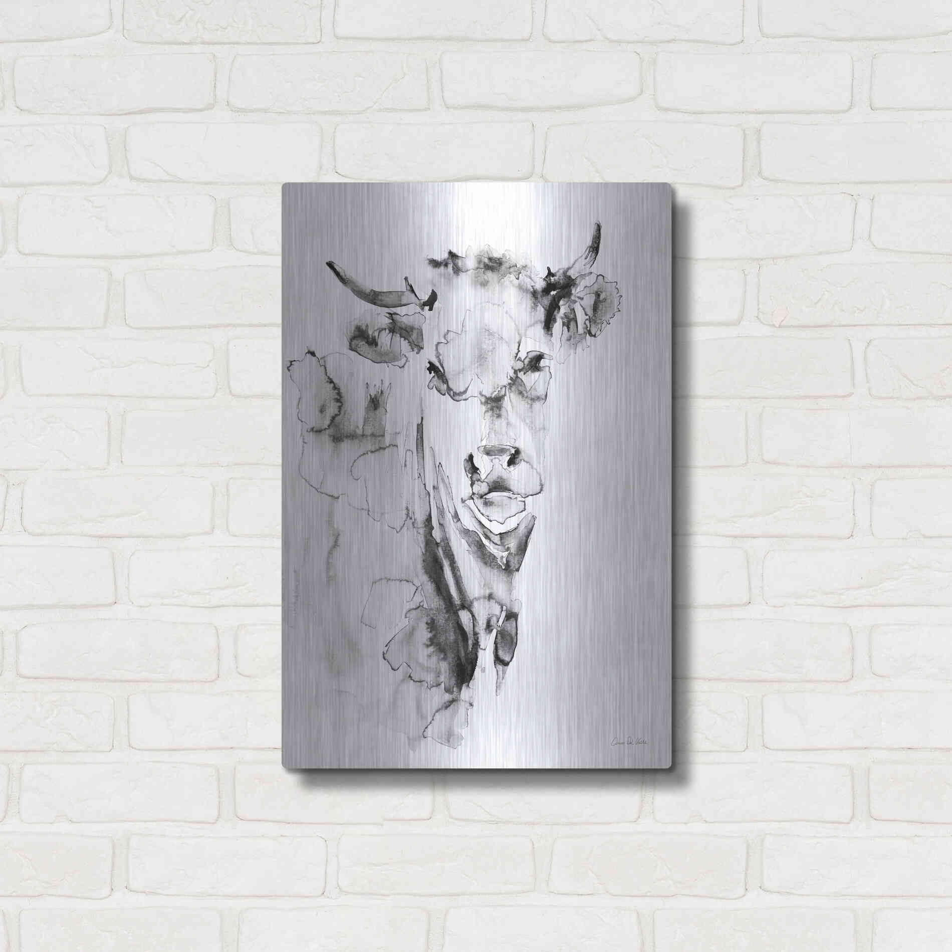 Luxe Metal Art 'Village Cow Gray' by Alan Majchrowicz, Metal Wall Art,16x24