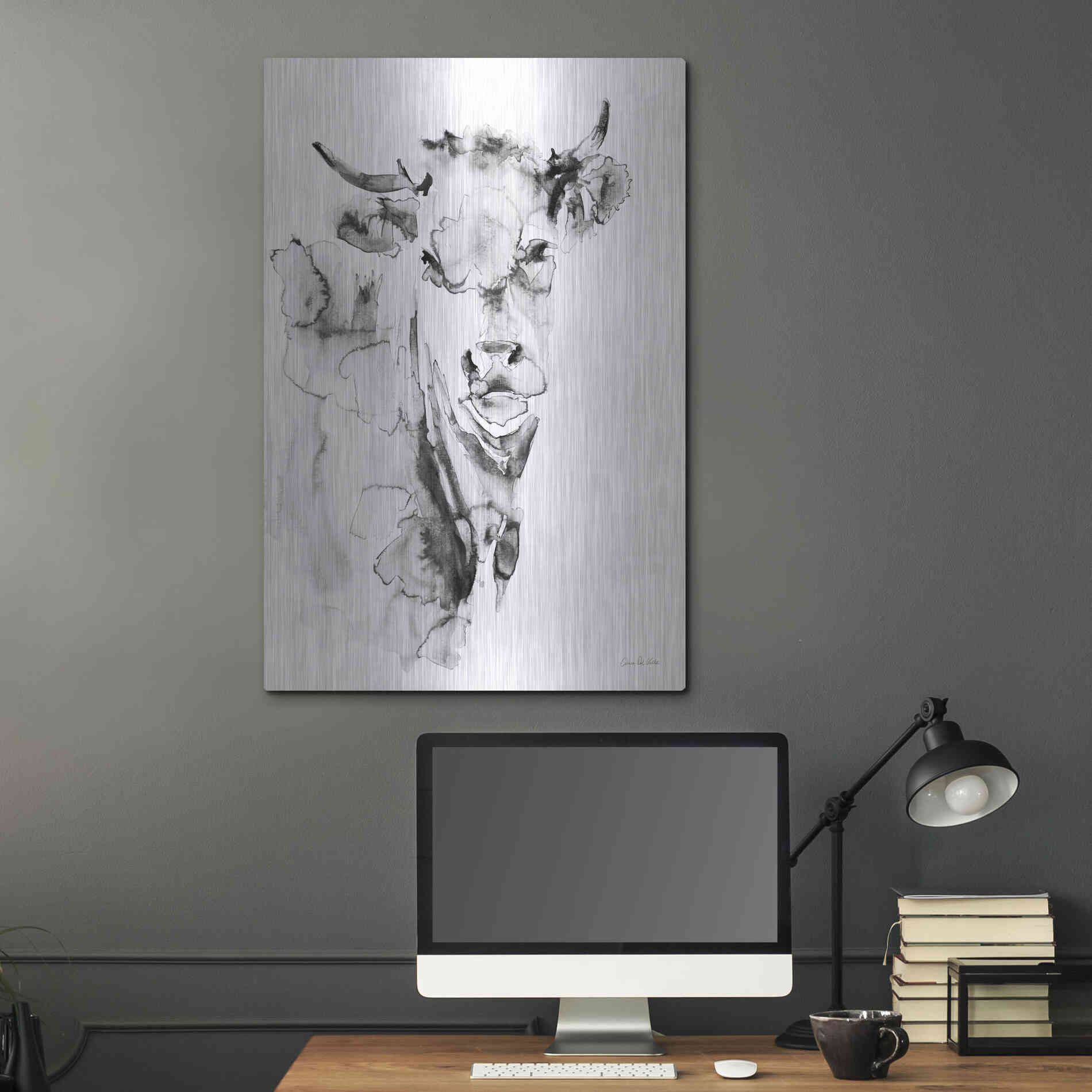 Luxe Metal Art 'Village Cow Gray' by Alan Majchrowicz, Metal Wall Art,24x36