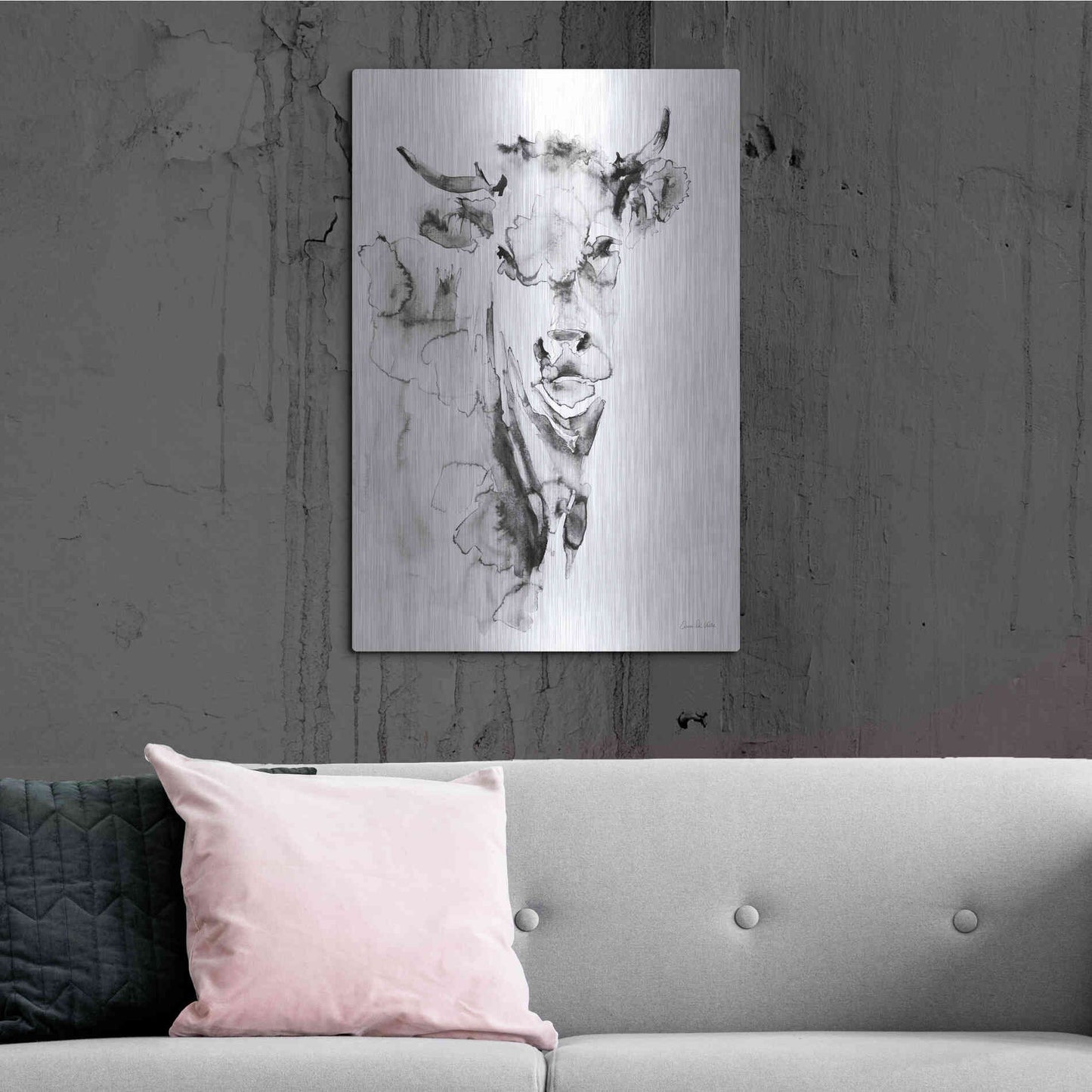Luxe Metal Art 'Village Cow Gray' by Alan Majchrowicz, Metal Wall Art,24x36