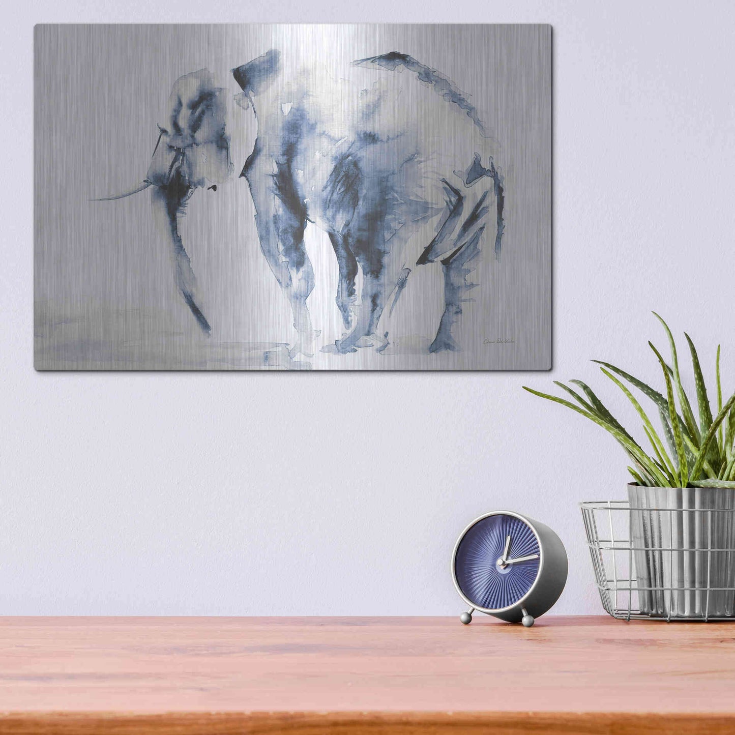 Luxe Metal Art 'Lone Elephant Blue Gray' by Alan Majchrowicz, Metal Wall Art,16x12