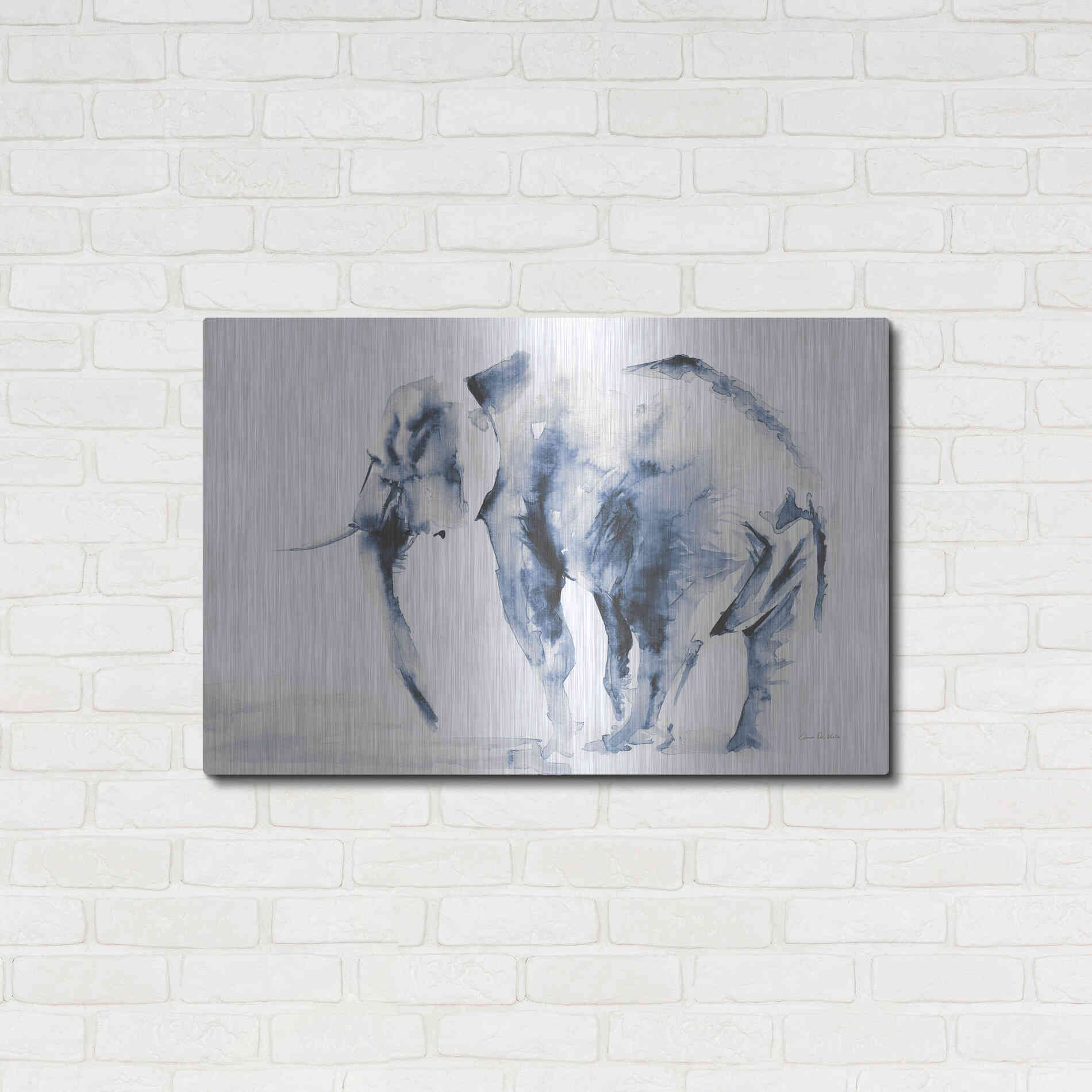 Luxe Metal Art 'Lone Elephant Blue Gray' by Alan Majchrowicz, Metal Wall Art,36x24