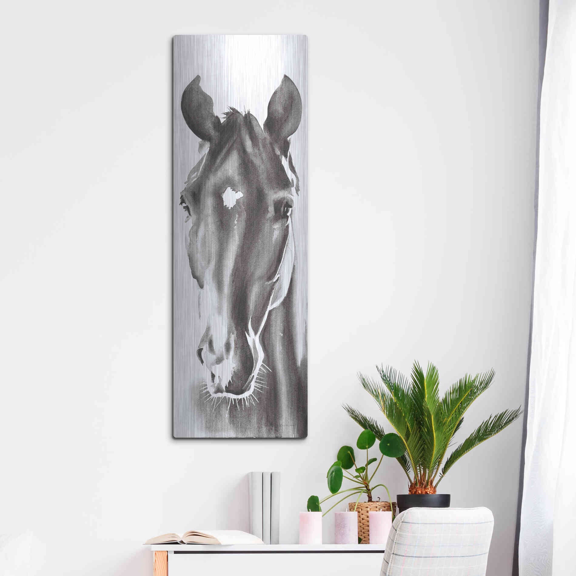 Luxe Metal Art 'Le Cheval Noir Horse Panel' by Alan Majchrowicz, Metal Wall Art,16x48