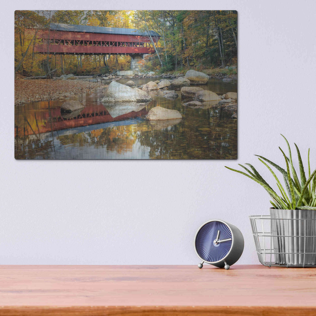 Luxe Metal Art 'Swift River Covered Bridge' by Alan Majchrowicz, Metal Wall Art,16x12