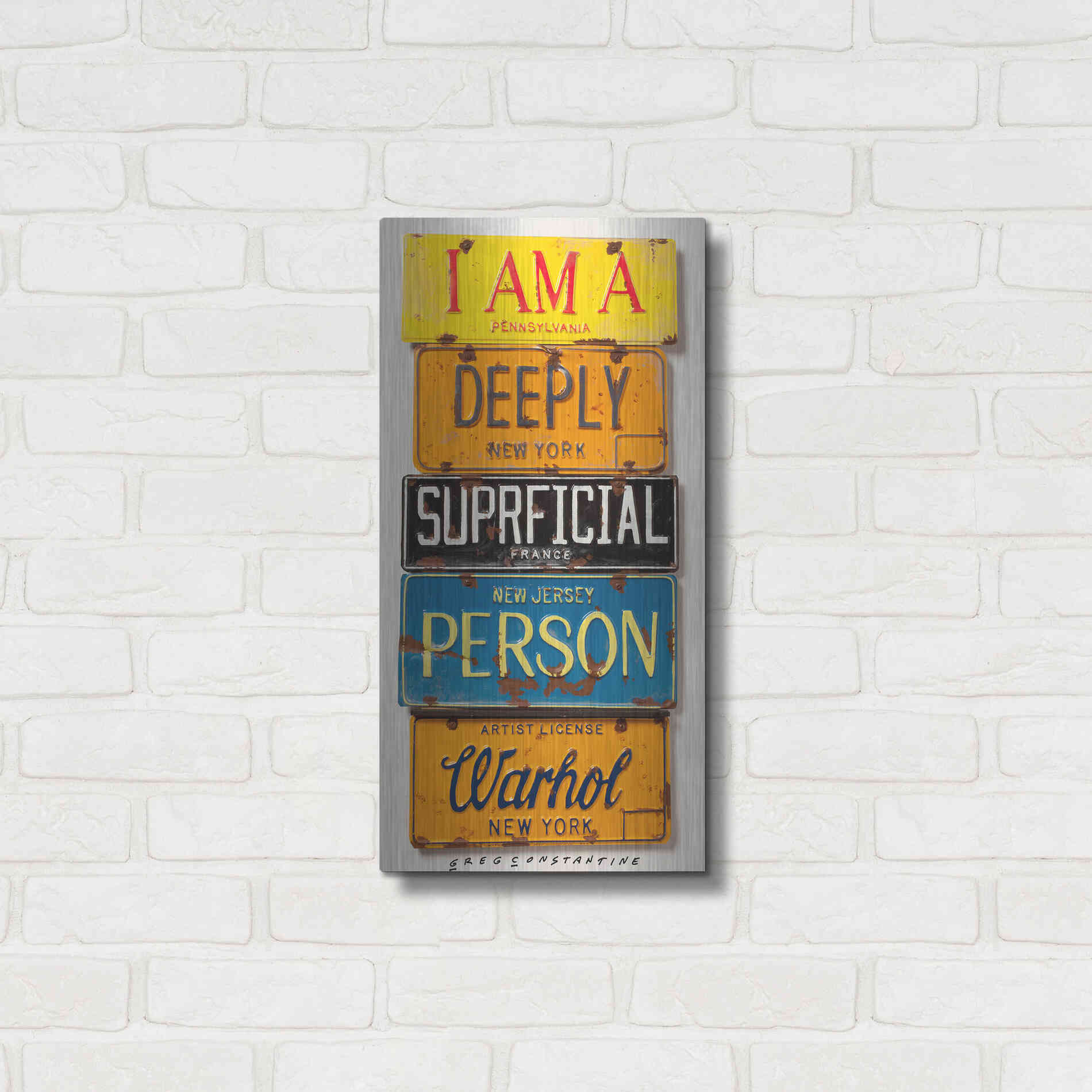 Luxe Metal Art 'Warhol Superficial Person' by Gregory Constantine, Metal Wall Art,12x24