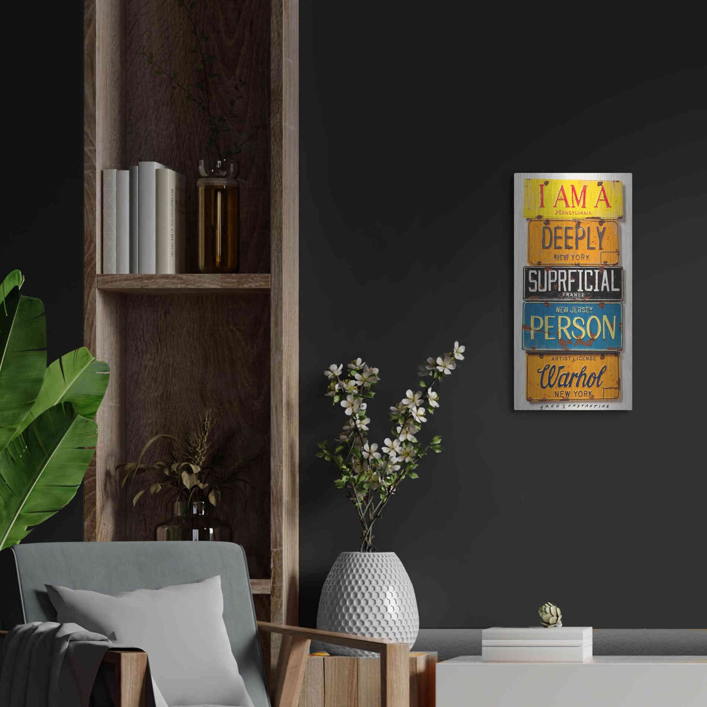 Luxe Metal Art 'Warhol Superficial Person' by Gregory Constantine, Metal Wall Art,12x24