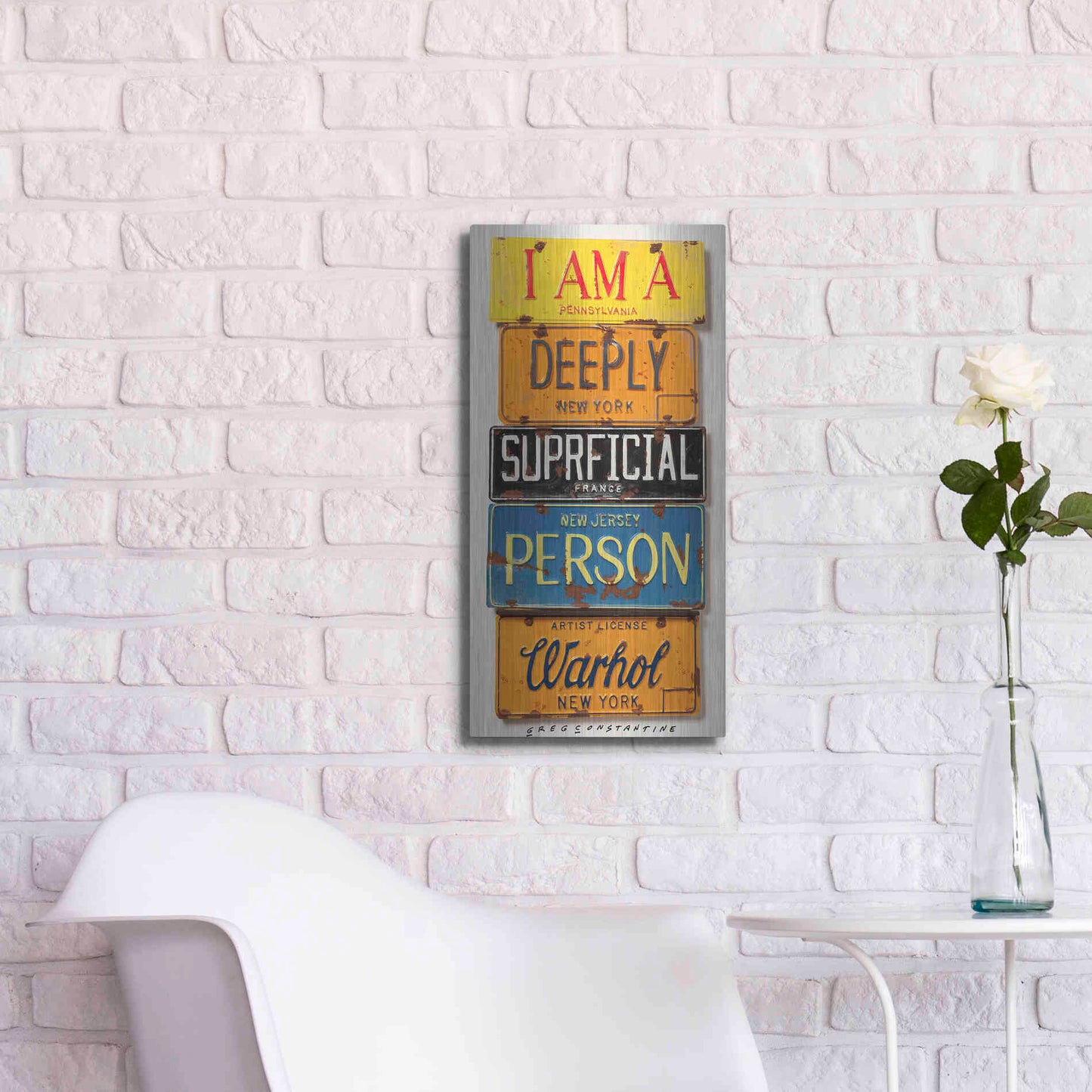 Luxe Metal Art 'Warhol Superficial Person' by Gregory Constantine, Metal Wall Art,12x24