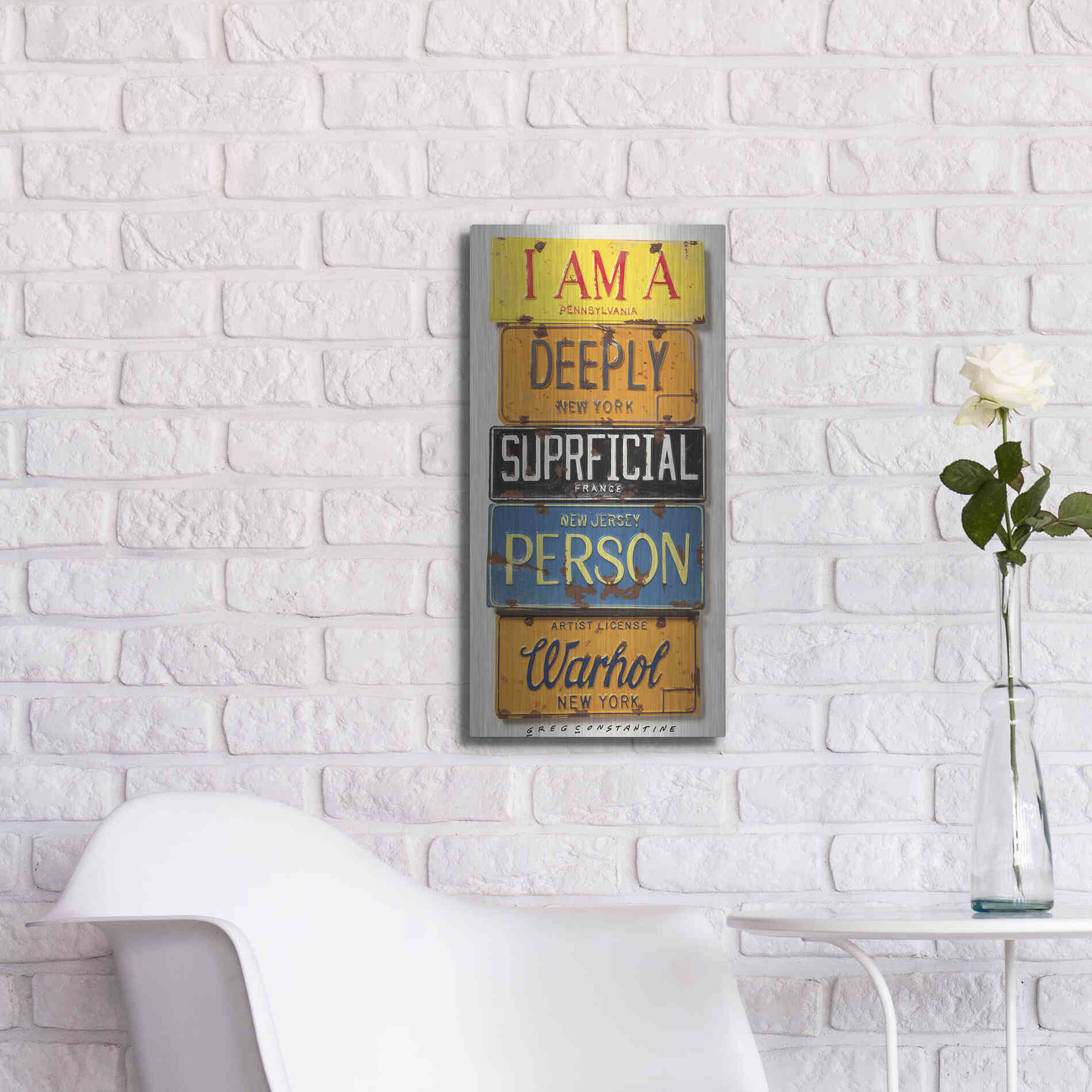 Luxe Metal Art 'Warhol Superficial Person' by Gregory Constantine, Metal Wall Art,12x24
