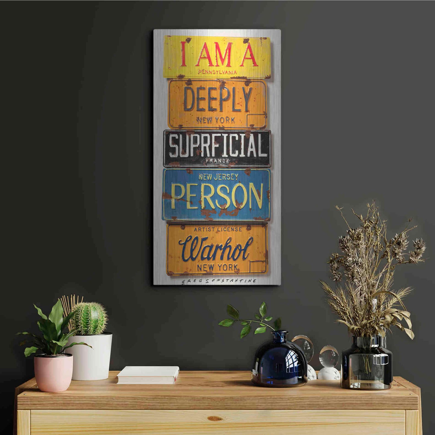 Luxe Metal Art 'Warhol Superficial Person' by Gregory Constantine, Metal Wall Art,12x24