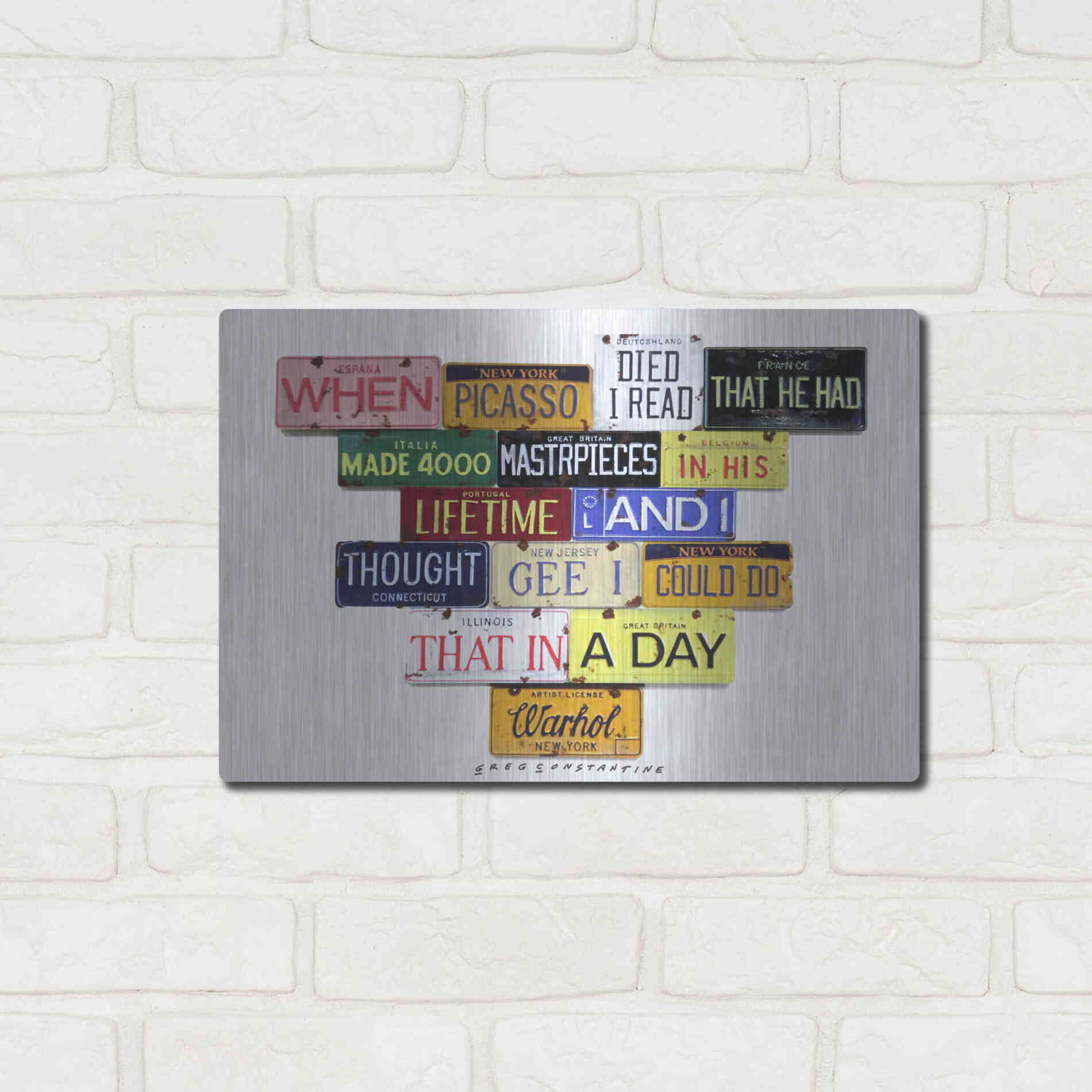 Luxe Metal Art 'Warhol Picasso Died' by Gregory Constantine, Metal Wall Art,16x12