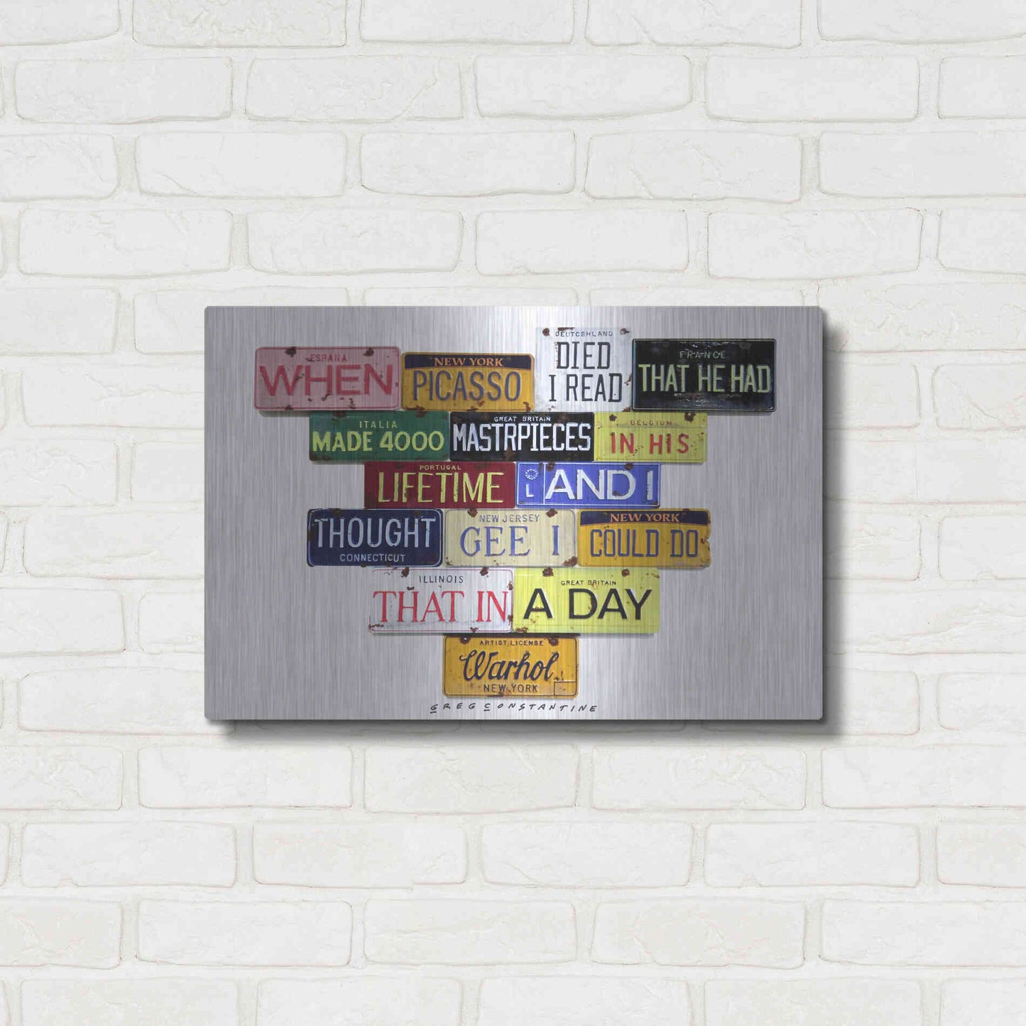 Luxe Metal Art 'Warhol Picasso Died' by Gregory Constantine, Metal Wall Art,24x16
