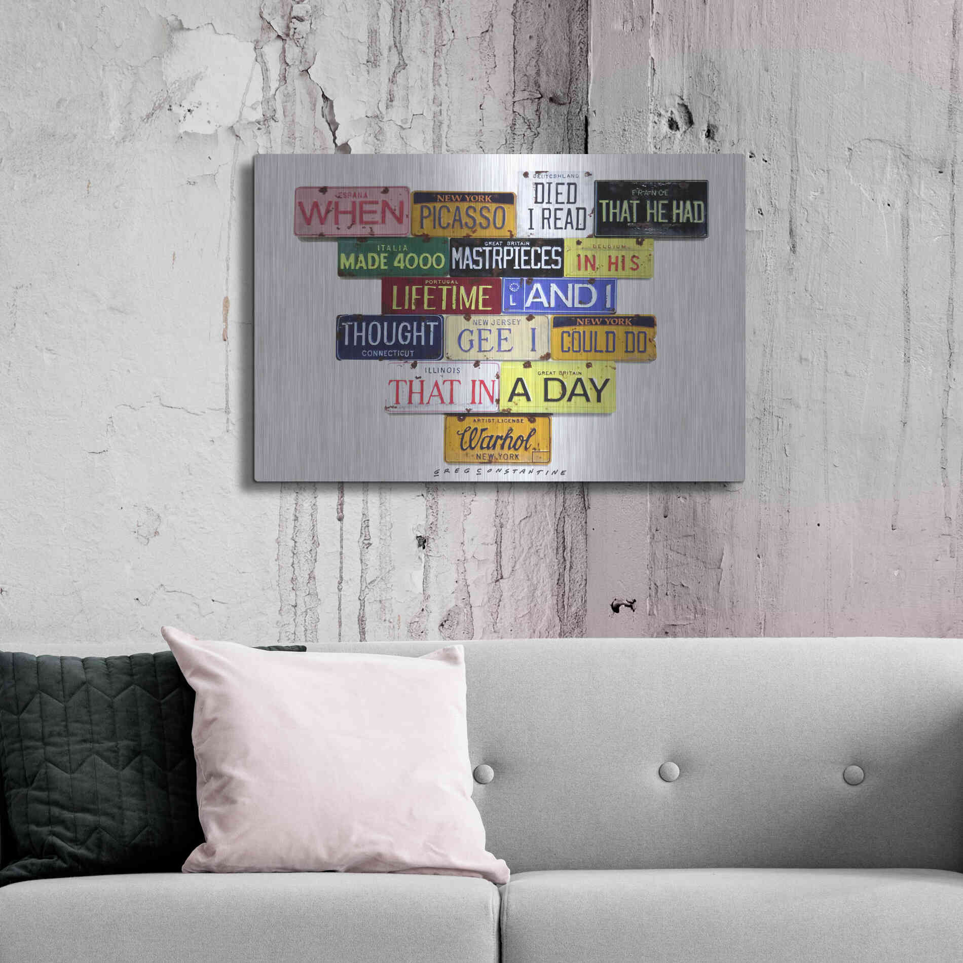 Luxe Metal Art 'Warhol Picasso Died' by Gregory Constantine, Metal Wall Art,36x24