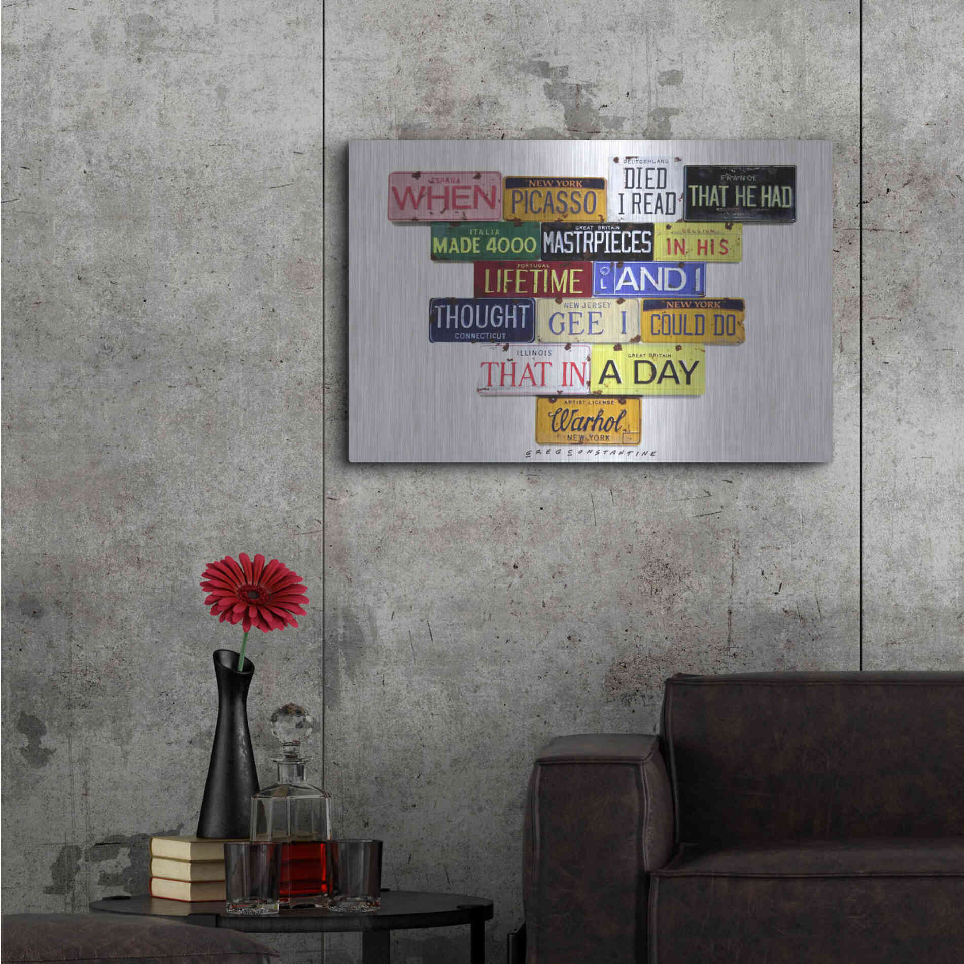 Luxe Metal Art 'Warhol Picasso Died' by Gregory Constantine, Metal Wall Art,36x24