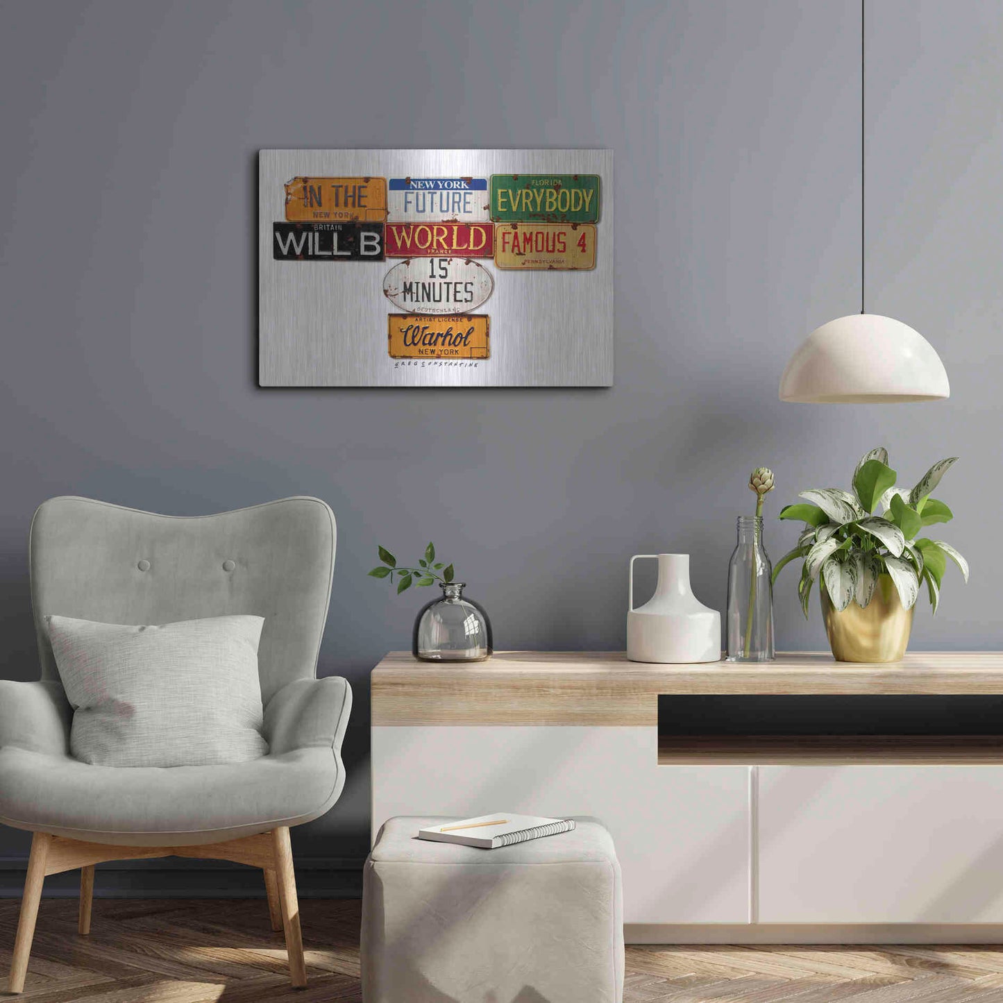 Luxe Metal Art 'Warhol Everybody Famous' by Gregory Constantine, Metal Wall Art,24x16