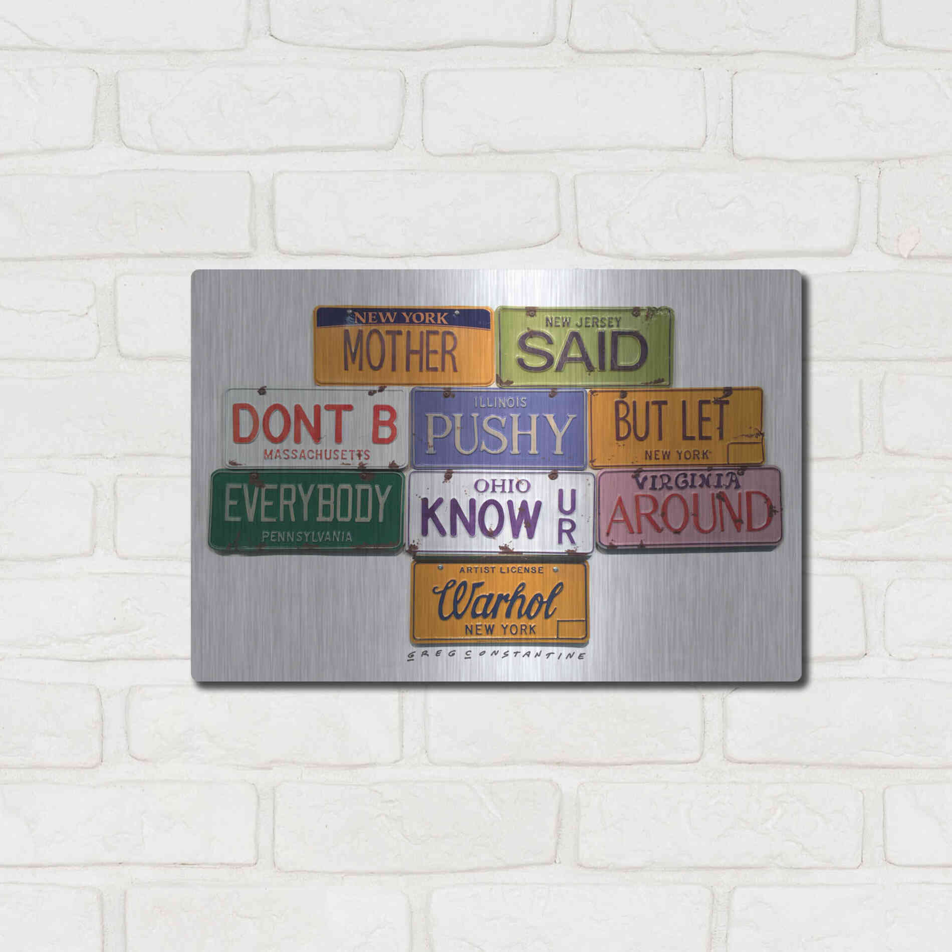 Luxe Metal Art 'Warhol Don't B Pushy' by Gregory Constantine, Metal Wall Art,16x12