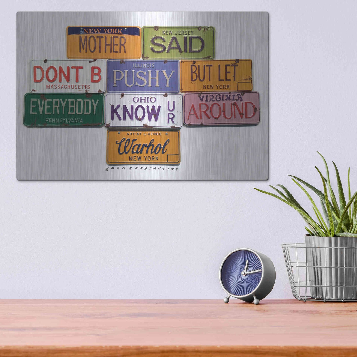 Luxe Metal Art 'Warhol Don't B Pushy' by Gregory Constantine, Metal Wall Art,16x12
