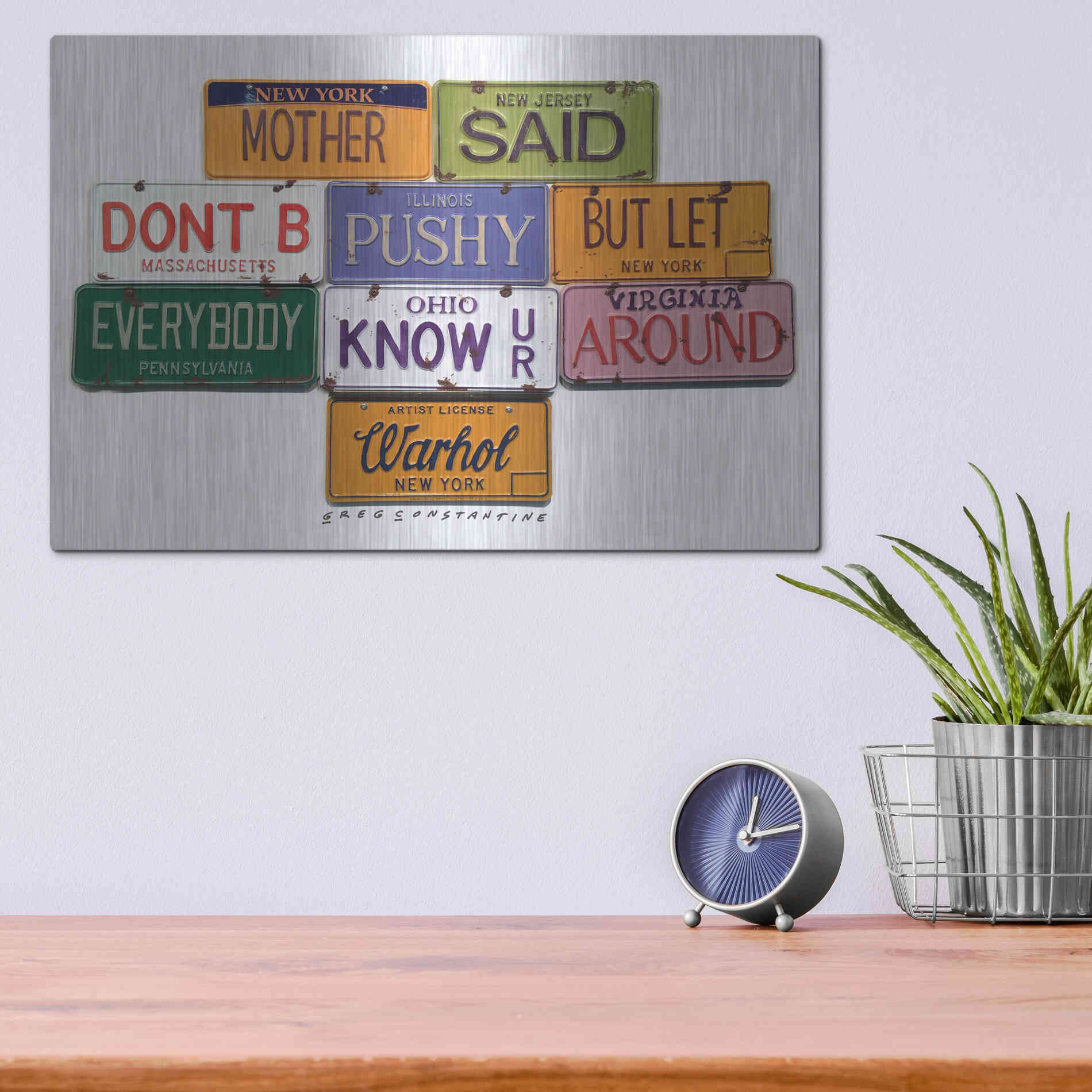 Luxe Metal Art 'Warhol Don't B Pushy' by Gregory Constantine, Metal Wall Art,16x12