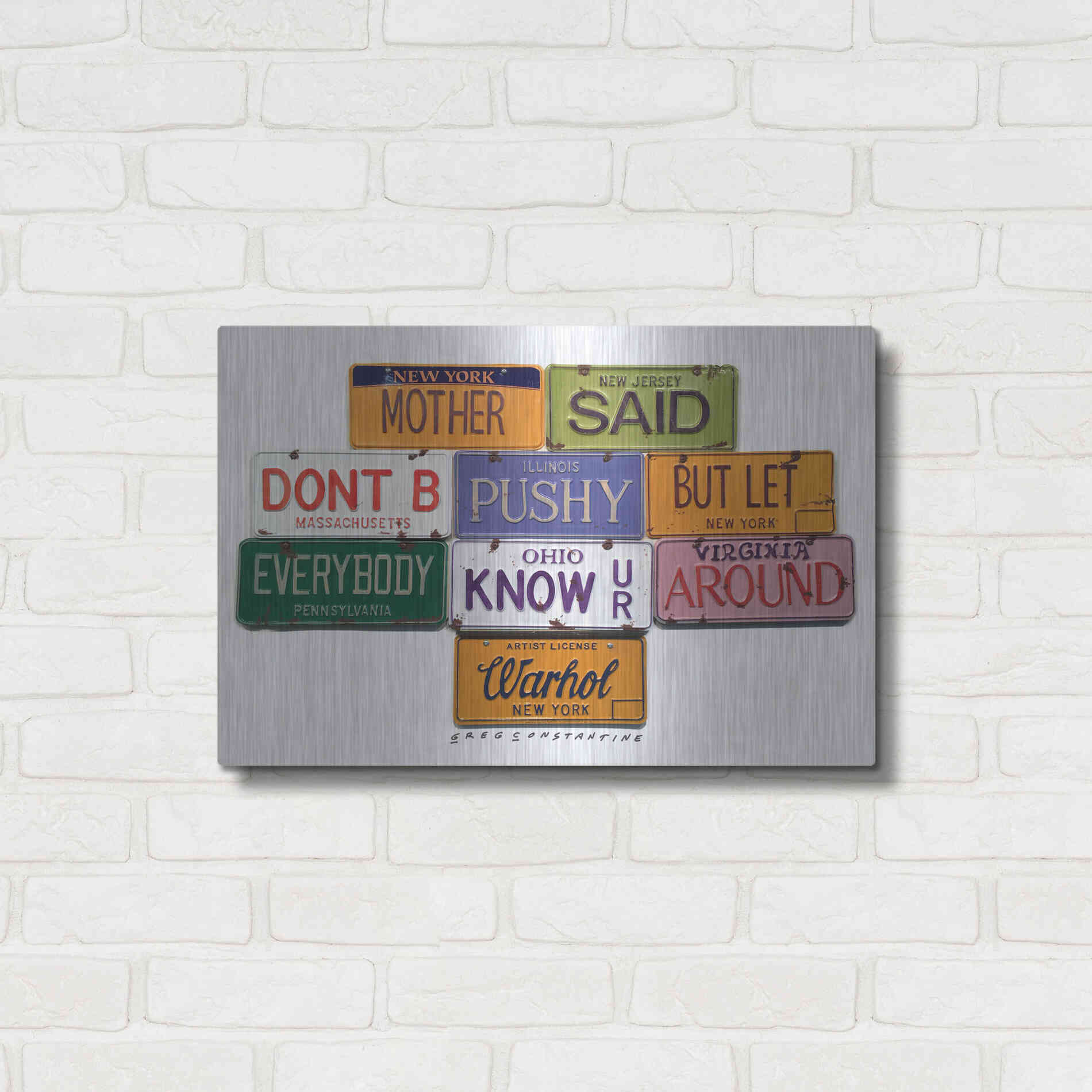 Luxe Metal Art 'Warhol Don't B Pushy' by Gregory Constantine, Metal Wall Art,24x16