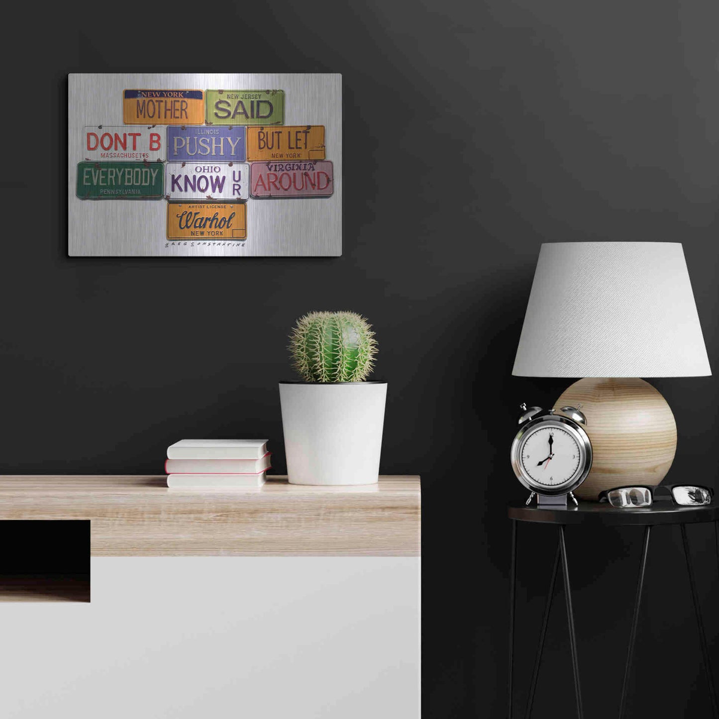 Luxe Metal Art 'Warhol Don't B Pushy' by Gregory Constantine, Metal Wall Art,24x16