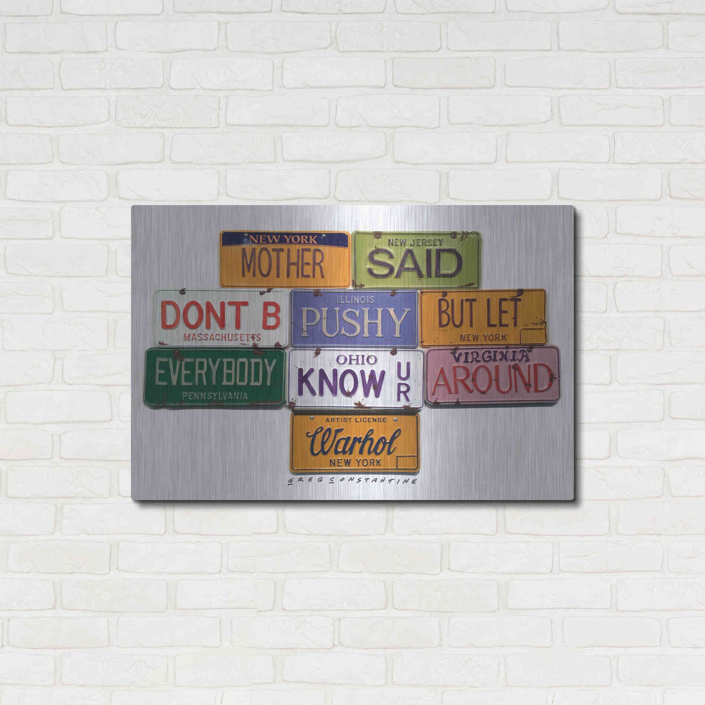 Luxe Metal Art 'Warhol Don't B Pushy' by Gregory Constantine, Metal Wall Art,36x24